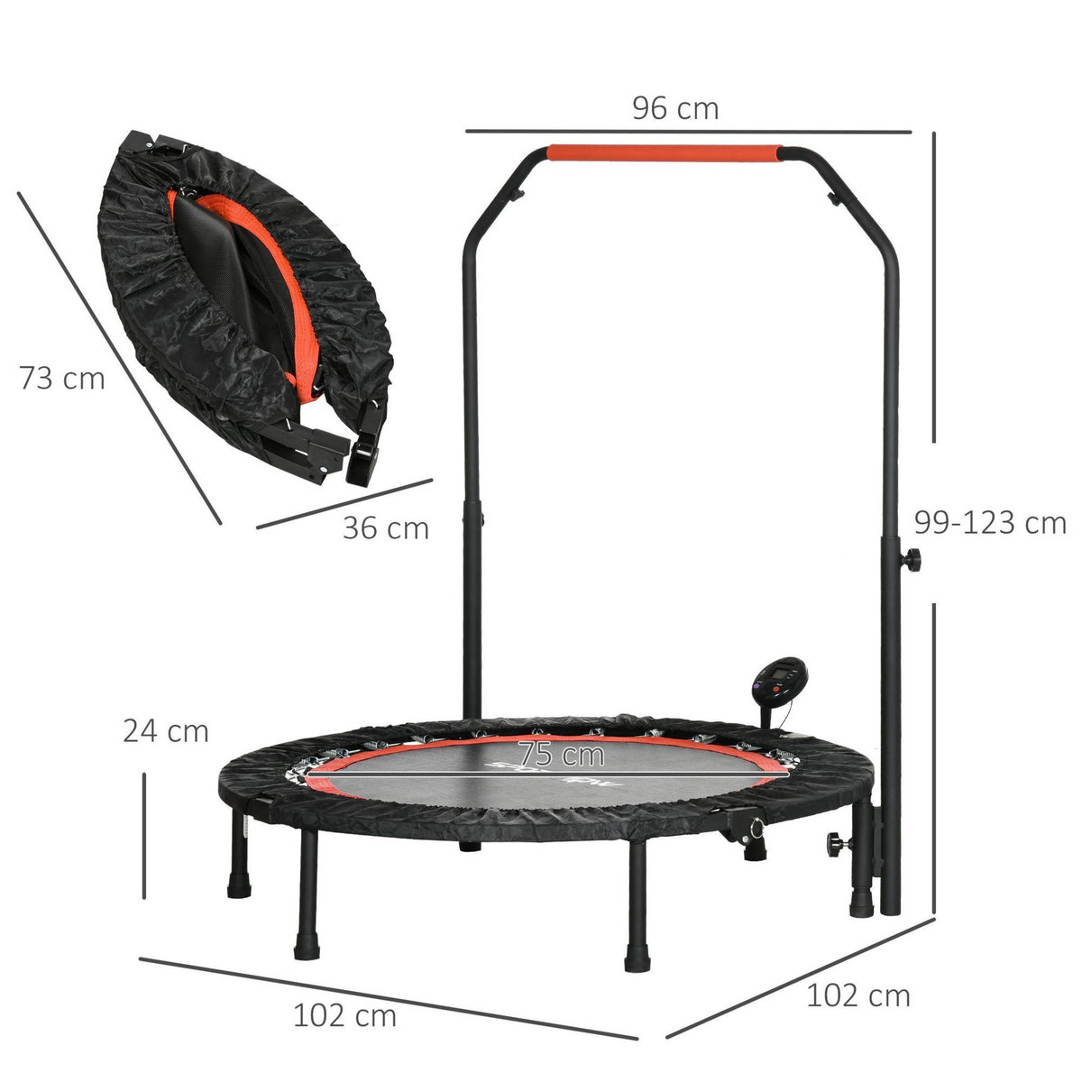 HOMCOM Trampoline de Fitness gym pliable - poignée réglable, écran LCD, 28 ressorts - Ø 102 cm - noir rouge