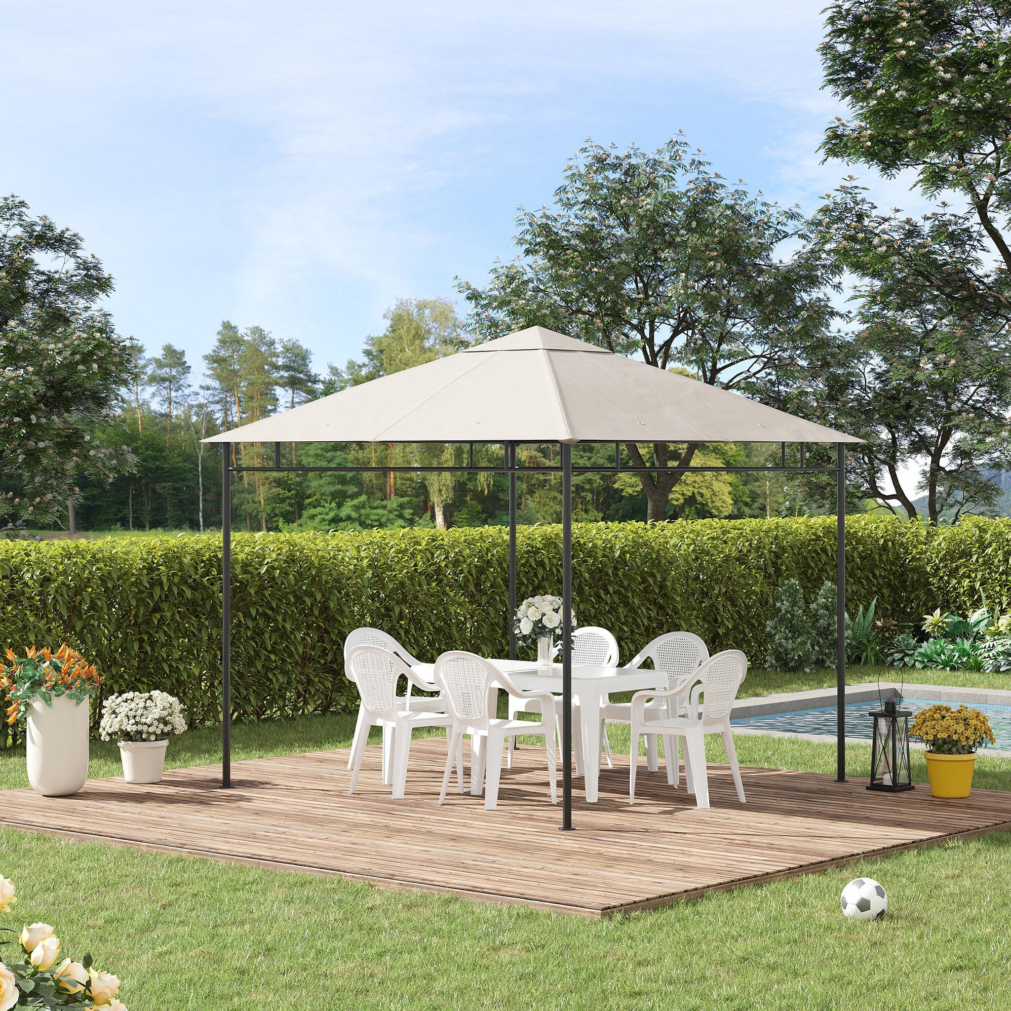 Voir la diapositive 2 : OUTSUNNY Toile de rechange pour pavillon tonnelle tente 3 x 3 m polyester haute densité 180 g/m² revêtement PA anti-UV crème