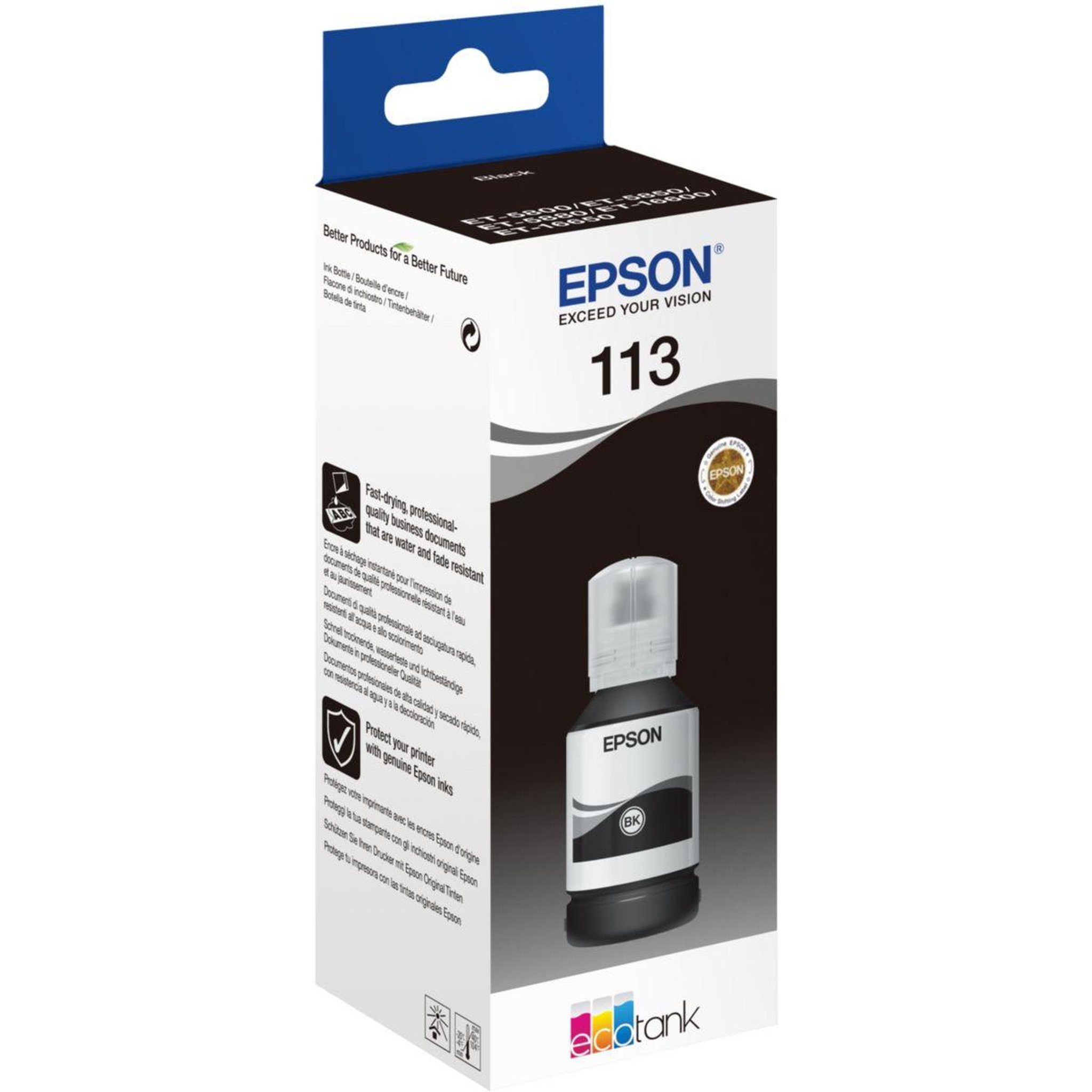 Voir la diapositive 2 : Epson Encre bouteille d'encre ecotank 113 noire grande contenance (127ml) - c13t06b140