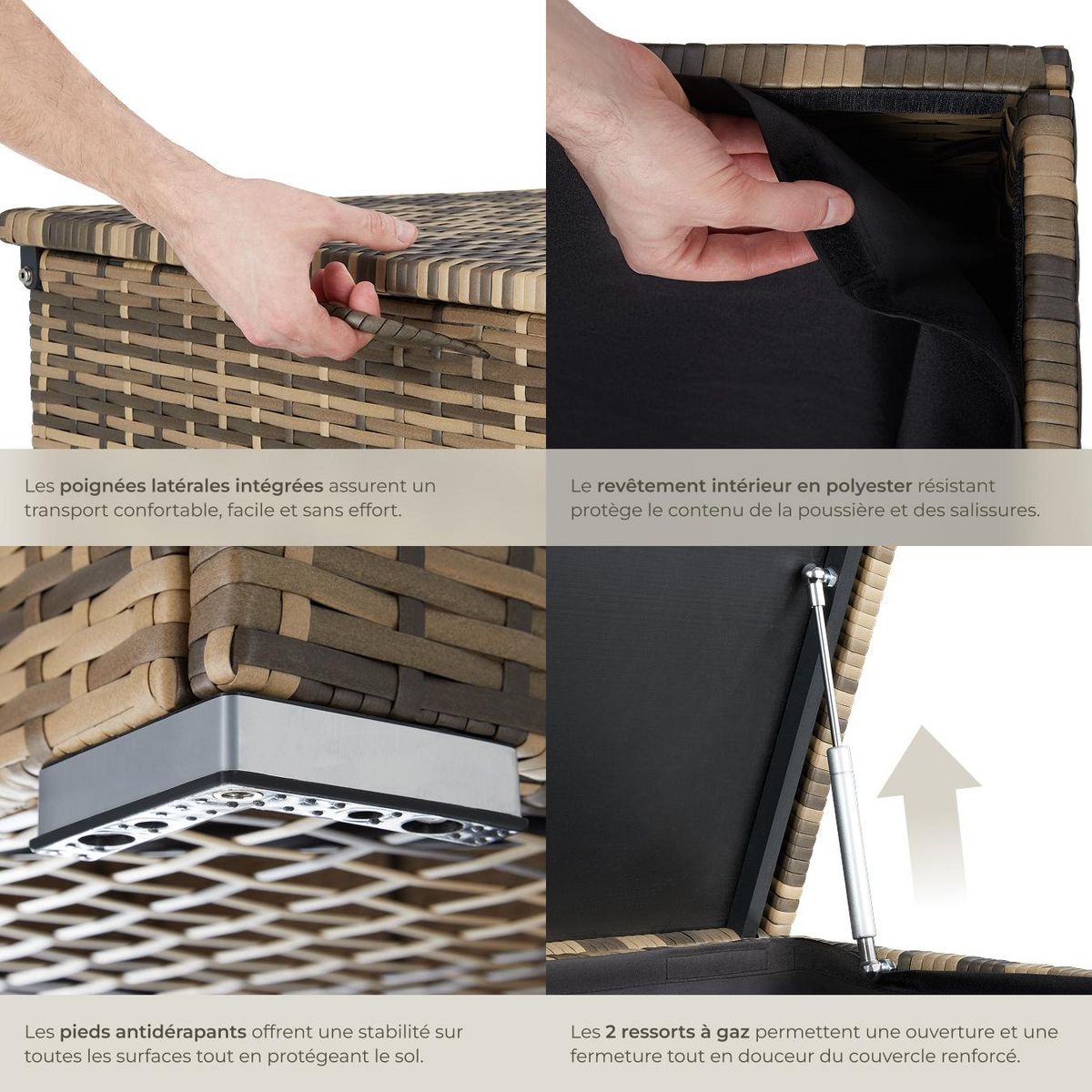 tectake Coffre de jardin caisse de rangement pour coussins 750 l, avec cadre en aluminium et tressage en rotin marron naturel