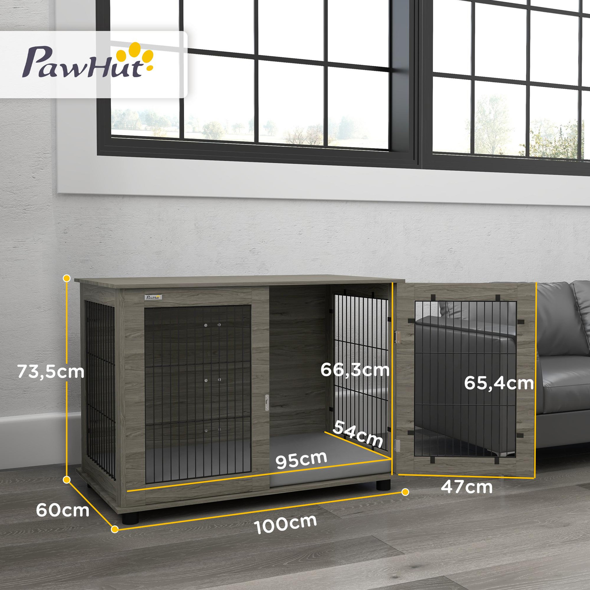 Voir la diapositive 3 : PAWHUT Cage pour chien intérieure dim. 100l x 60l x 73,5h cm - porte verrouillable, coussin déhoussable - acier noir aspect bois gris
