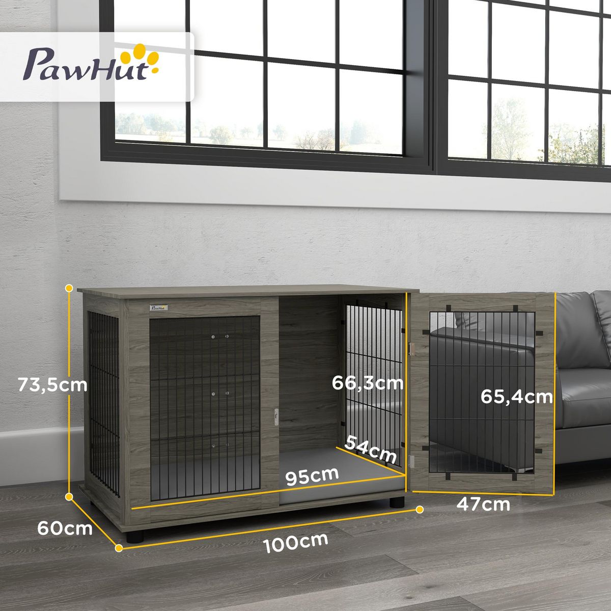 PAWHUT Cage pour chien intérieure dim. 100L x 60l x 73,5H cm - porte verrouillable, coussin déhoussable - acier noir aspect bois gris