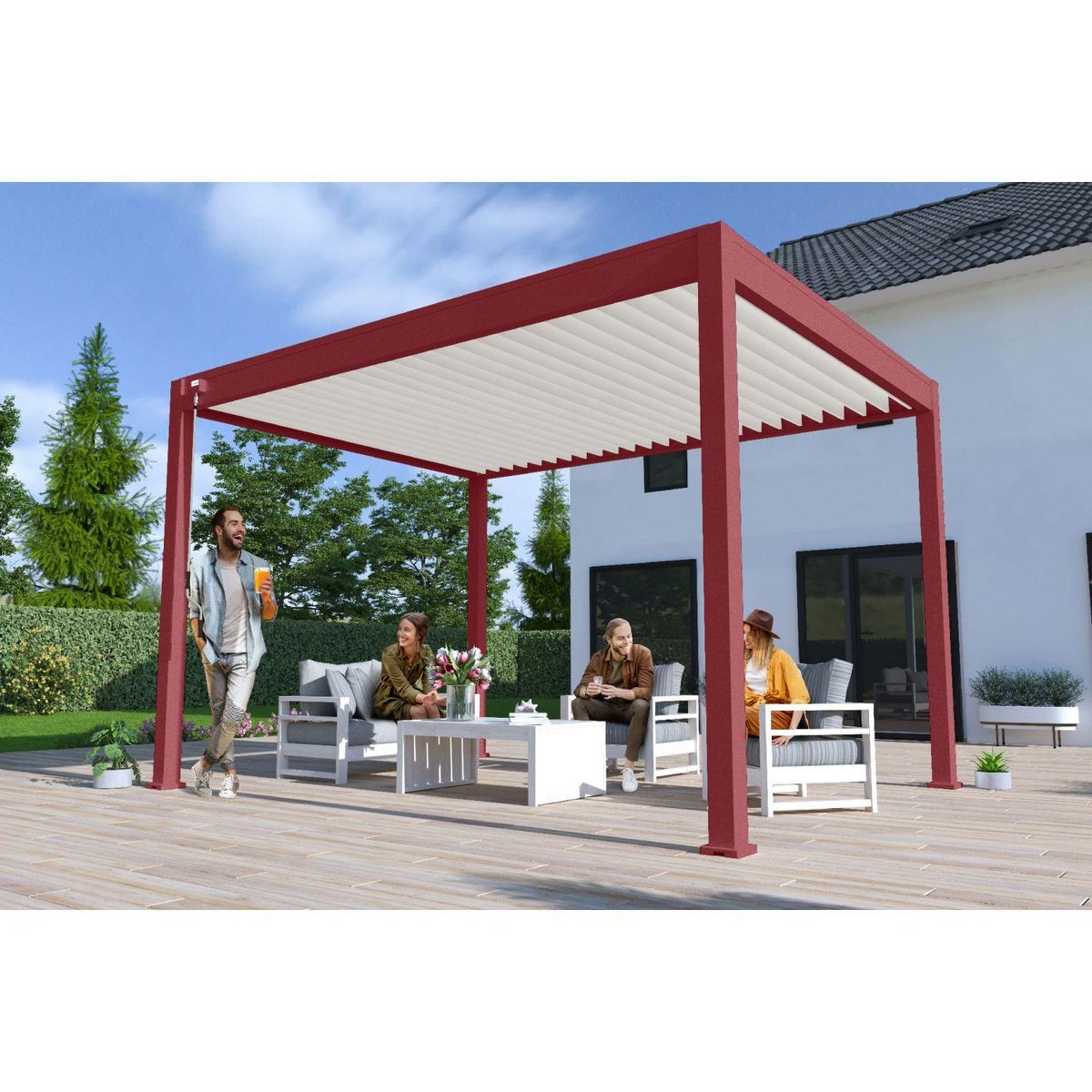 Pergola Bioclimatique autoportée 3x4 m - Aluminium - Rouge basque/blanc -  VS OmBREA®