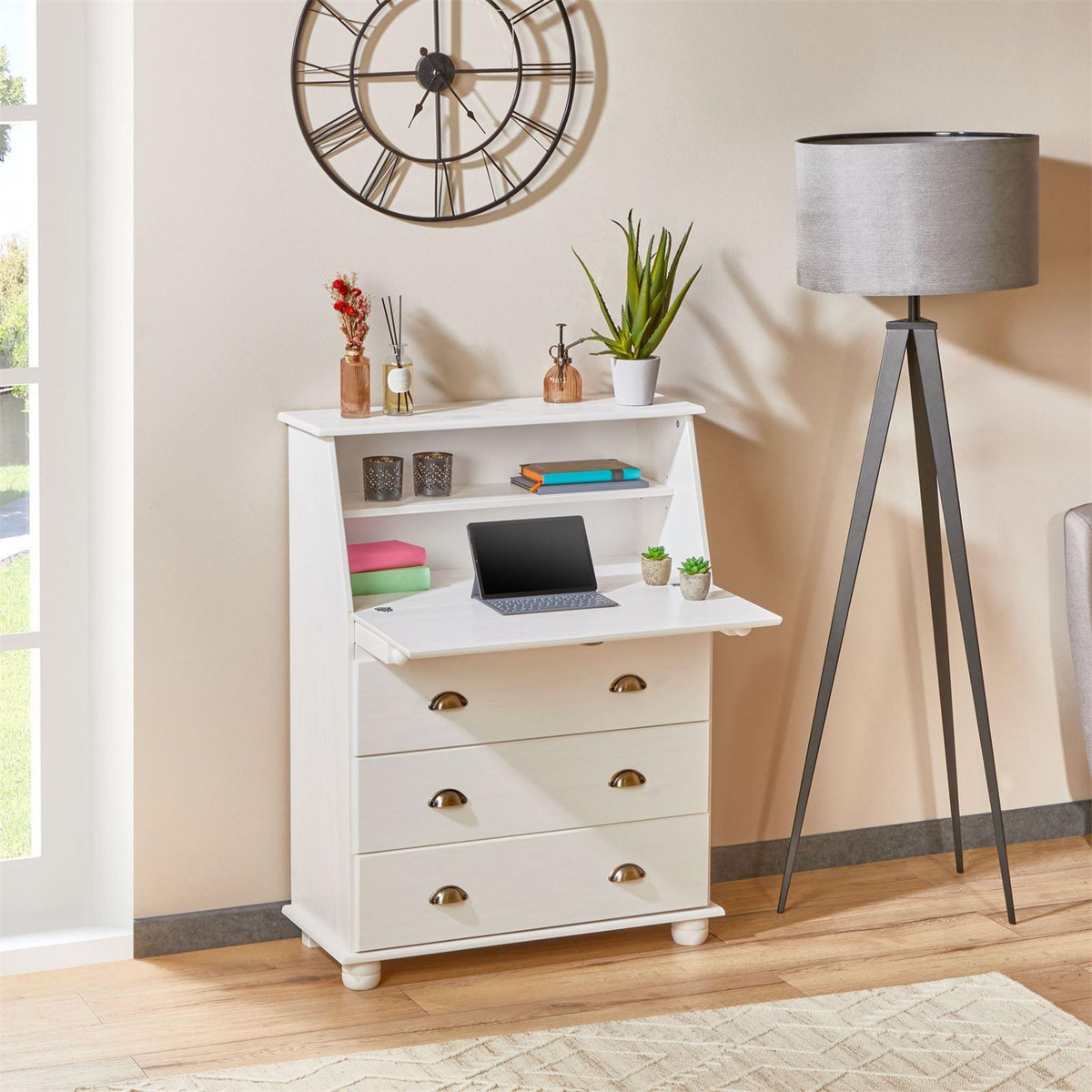 IDIMEX Bureau secrétaire GOMES avec 3 tiroirs en pin massif