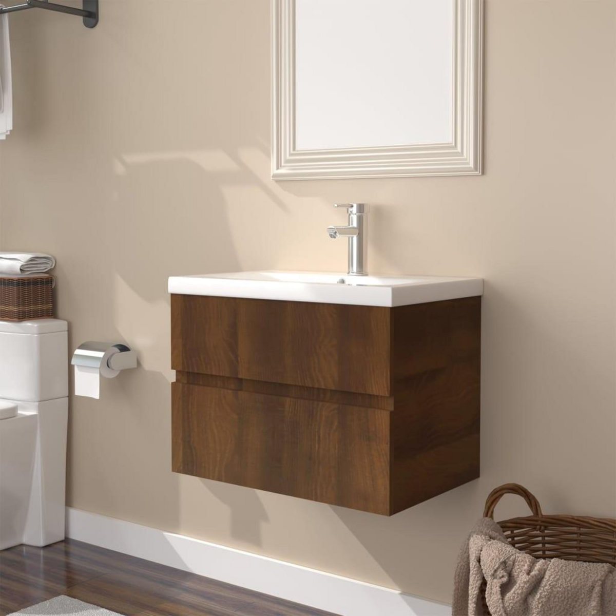 VIDAXL Meuble lavabo avec bassin integre Chene brun Bois d'ingenierie