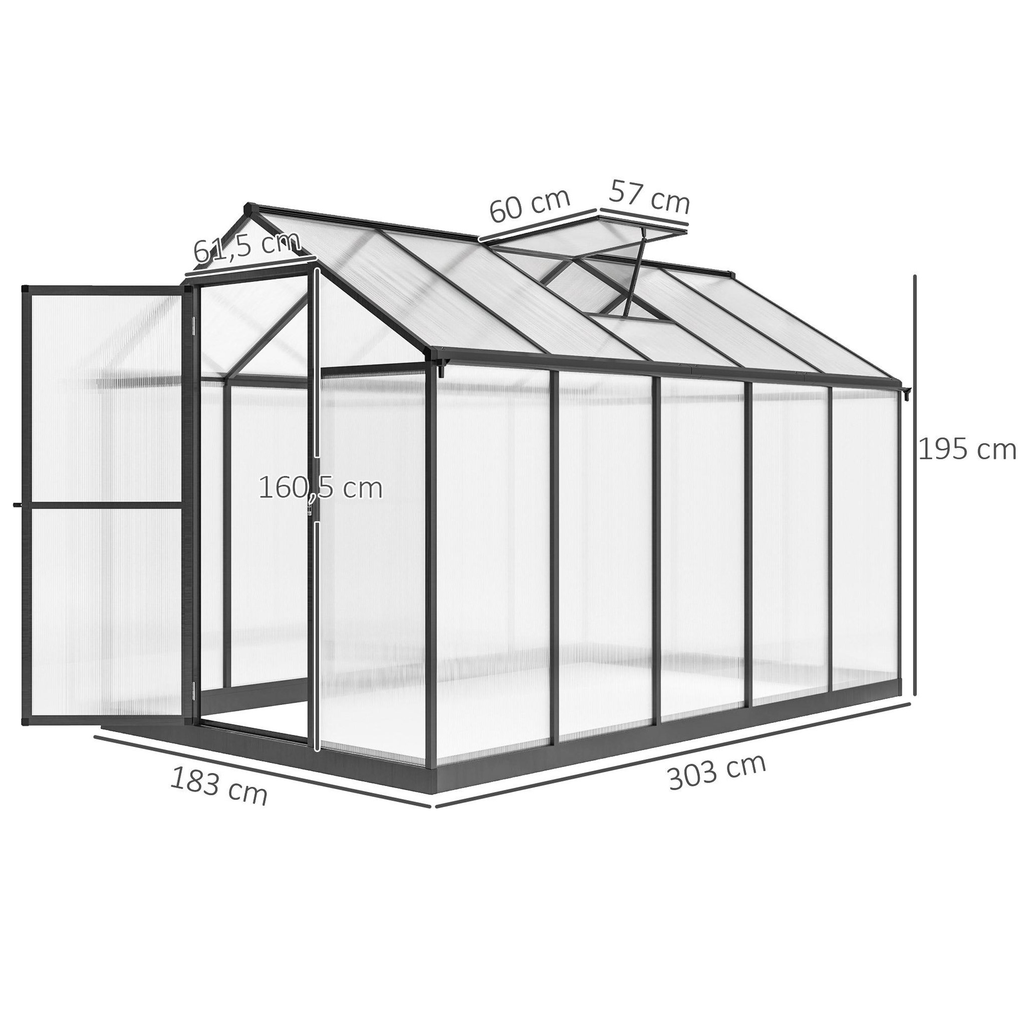 Voir la diapositive 3 : OUTSUNNY Serre de jardin alu polycarbonate 5,5 m² dim. 3,03x1,83x1,95m fondation lucarne porte loquet anthracite