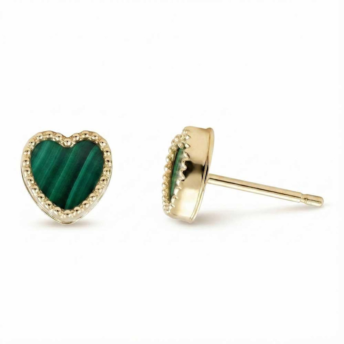 L'ATELIER D'AZUR Boucles d'Oreilles Or Jaune et Malachite - Puces Motif Coeur