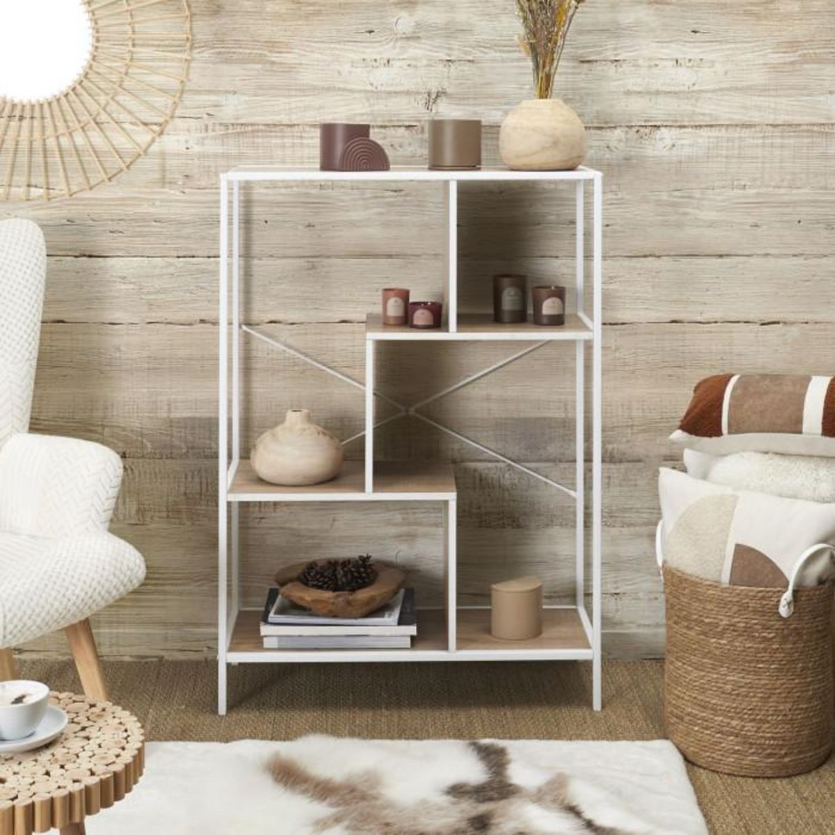 Paris Prix Étagère Design  Edison 113cm Naturel & Blanc