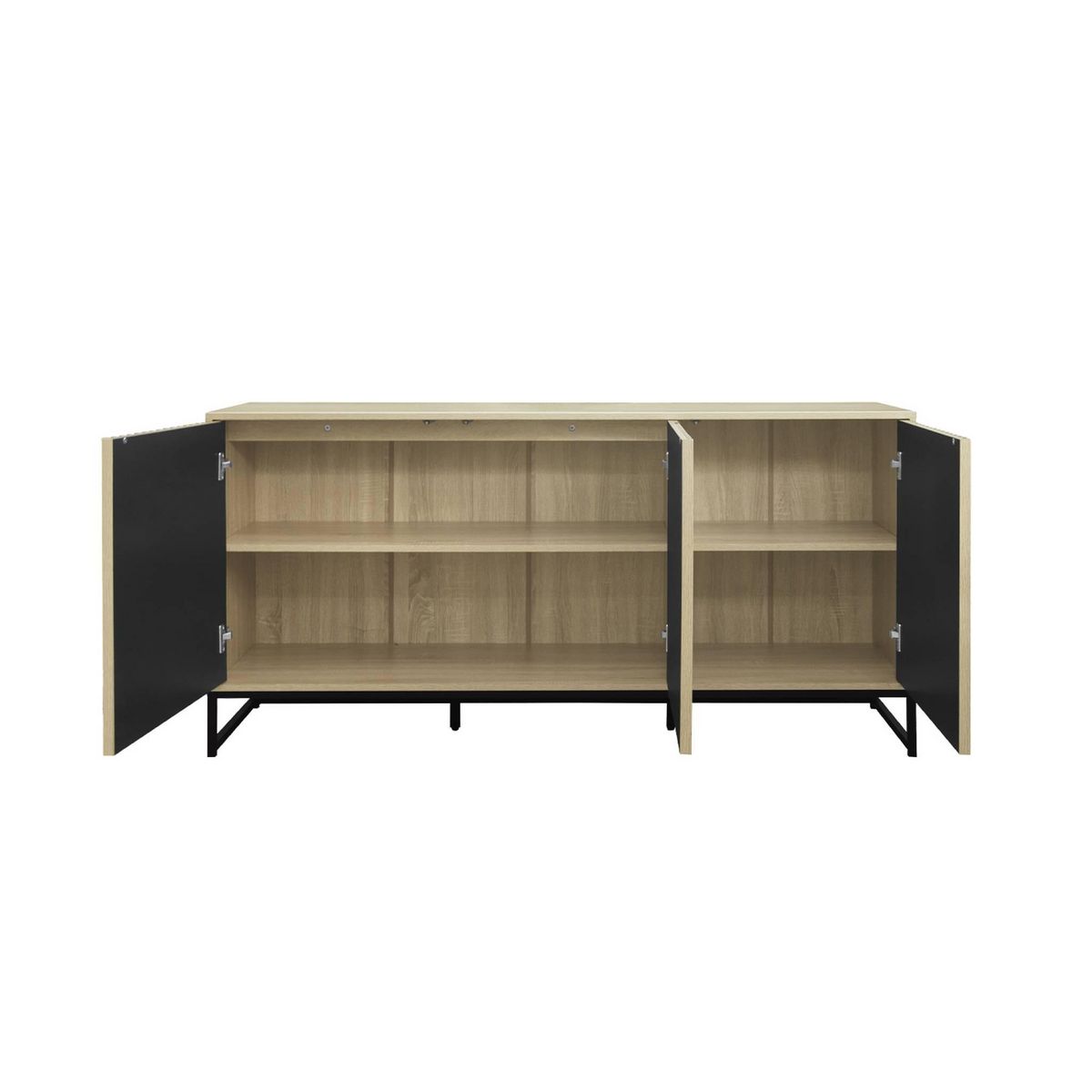 SWEEEK Buffet style contemporain avec 3 portes effet bois rainuré ouverture par pression. buffet bas. piètement en métal noir L160cm