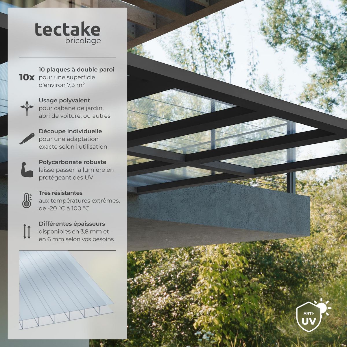 tectake Lot de 10 plaques doubles paroi 7,32 m² surface totale découpable blanc transparent