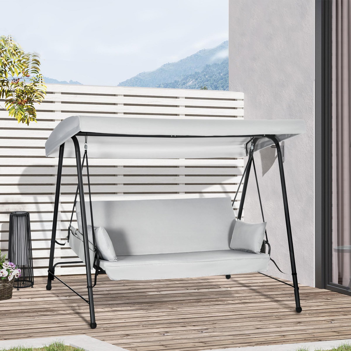 OUTSUNNY Balancelle de jardin 3 places convertible auvent réglable épais coussins amovibles polyester acier époxy gris clair