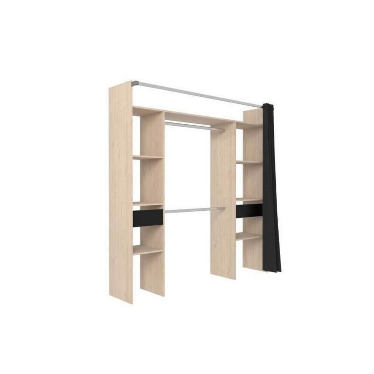 EKIPA Dressing avec rideau - Decor chene jackson et noir - L 198 x P 48 x H 203 cm - COMO