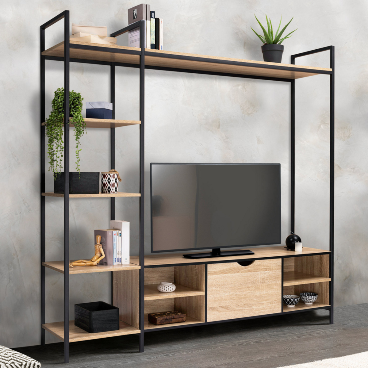 ID MARKET Ensemble meuble TV 170 cm DETROIT avec étagères design industriel
