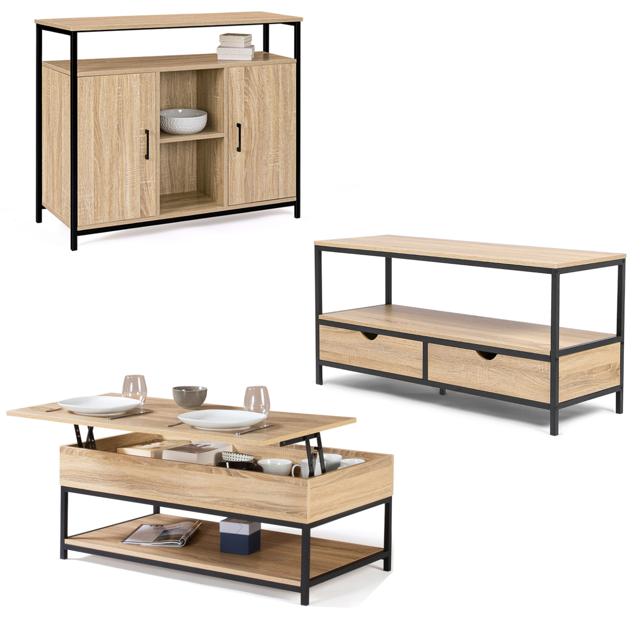 Voir la diapositive 1 : ID MARKET Ensemble meubles de salon buffet, table basse relevable et meuble TV DETROIT design industriel