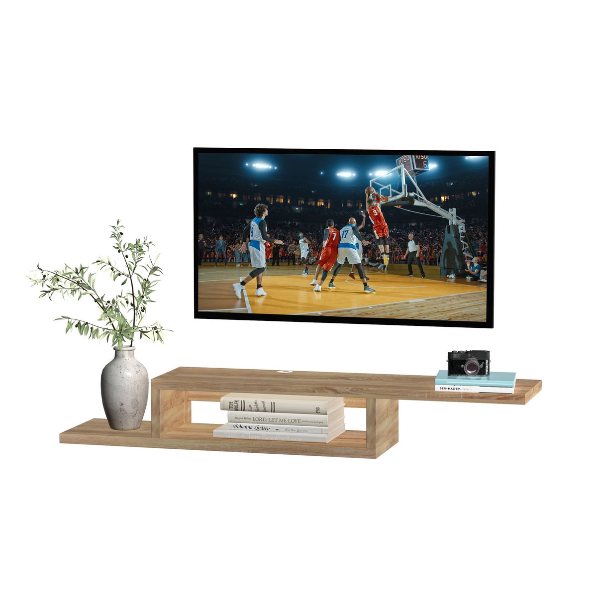 HOMCOM Meuble TV mural flottant design - étagère murale flottante - niche, passe-fils - panneaux particules chêne clair