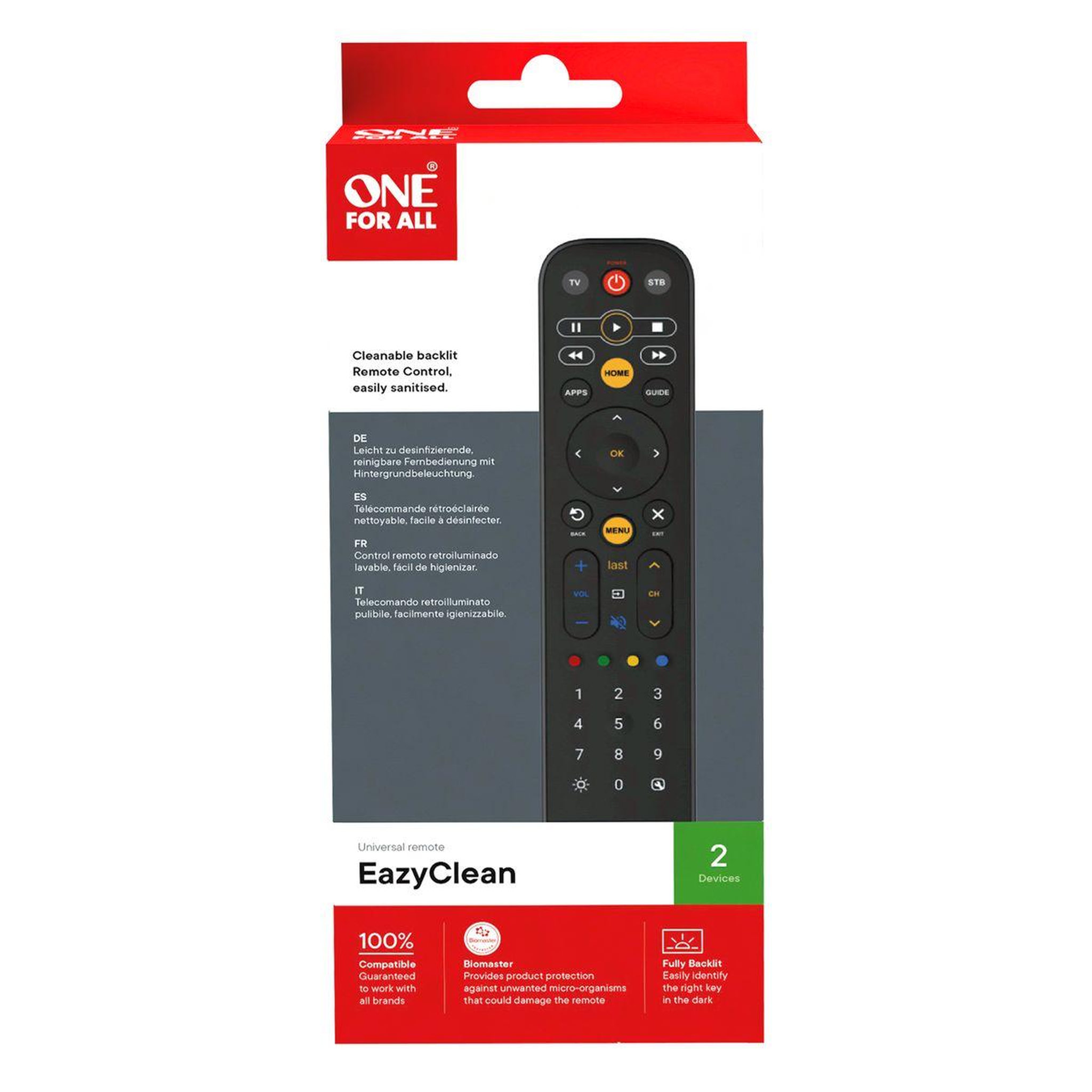 Voir la diapositive 3 : One For All Télécommande universelle universelle eazyclean 2en1 - black - rét