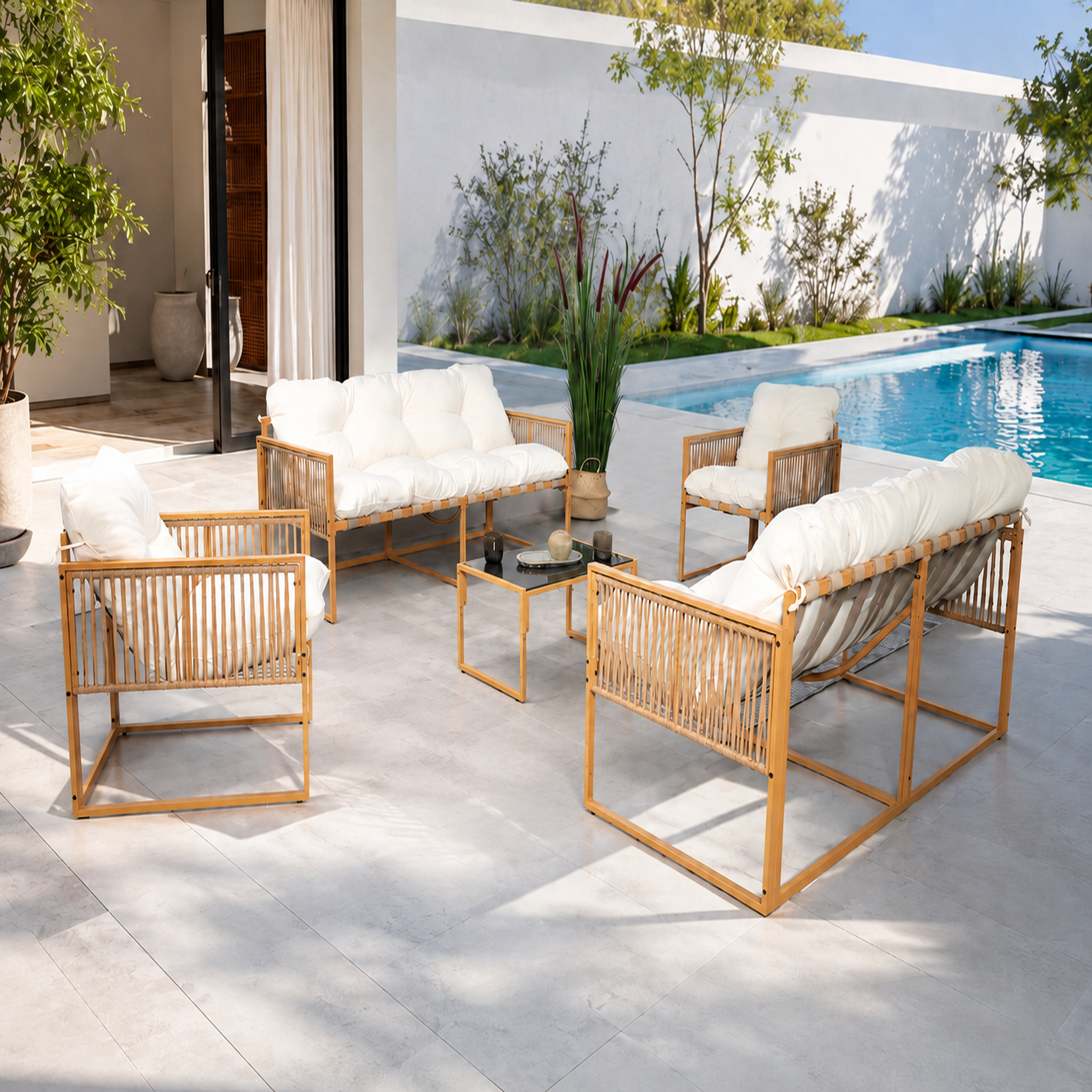 Voir la diapositive 2 : CONCEPT USINE Salon de jardin 8 places effet rotin coussins blancs turini