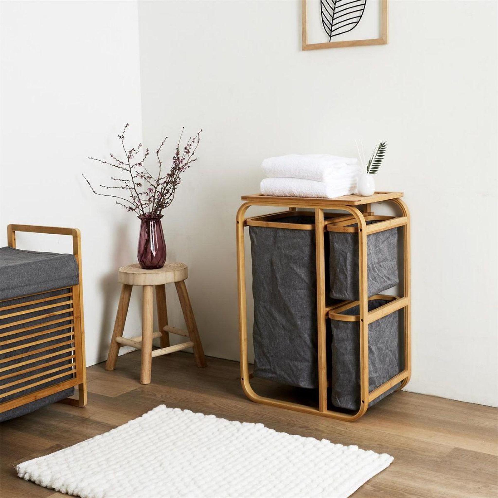 Voir la diapositive 6 : The Home Deco Factory Meuble à linge 3 paniers  bambou  69cm naturel