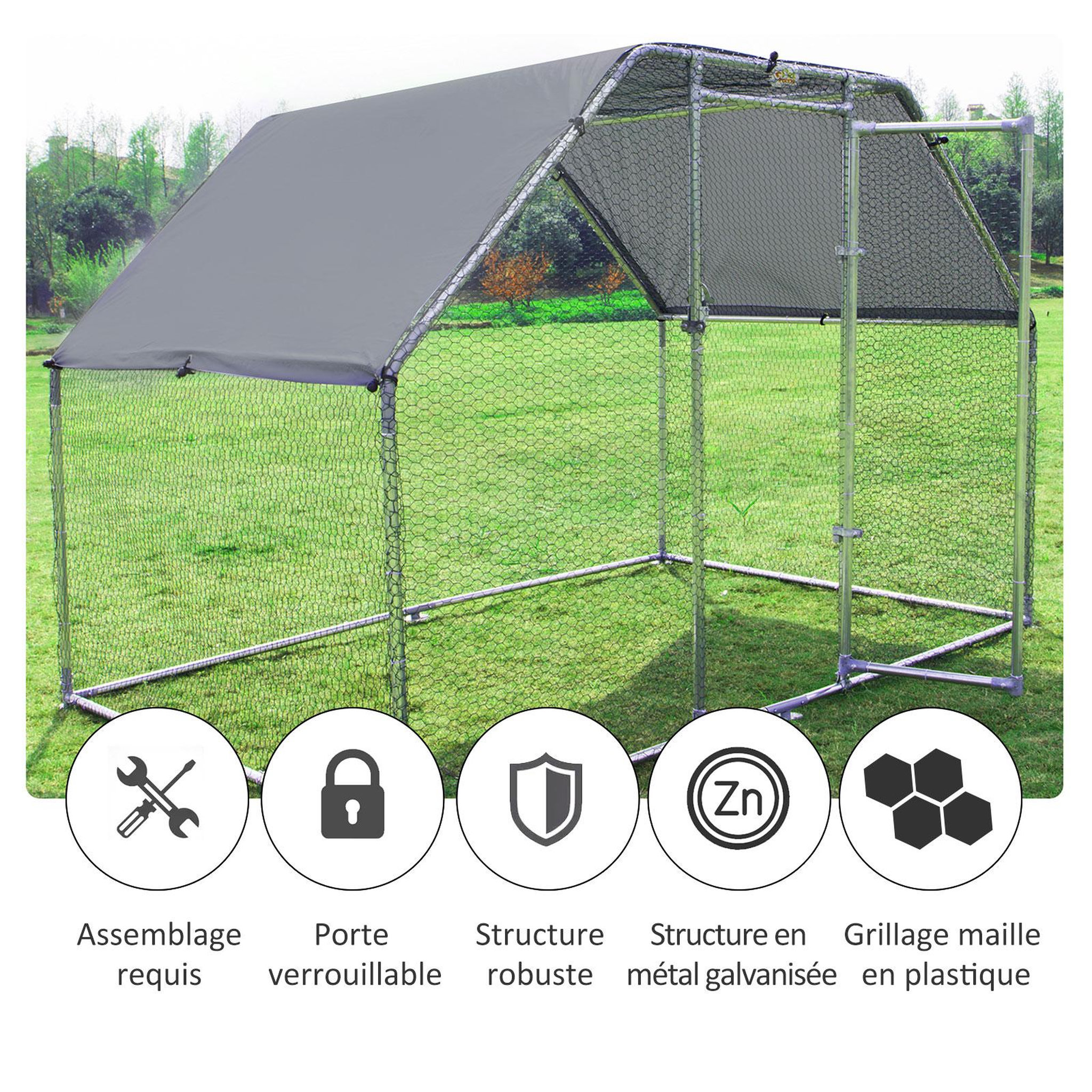 Voir la diapositive 5 : PAWHUT Enclos poulailler chenil 5,32 m² - parc grillagé dim. 2,8L x 1,9l x 1,95H m - poulailler chenil entièrement couvert - acier galvanisé