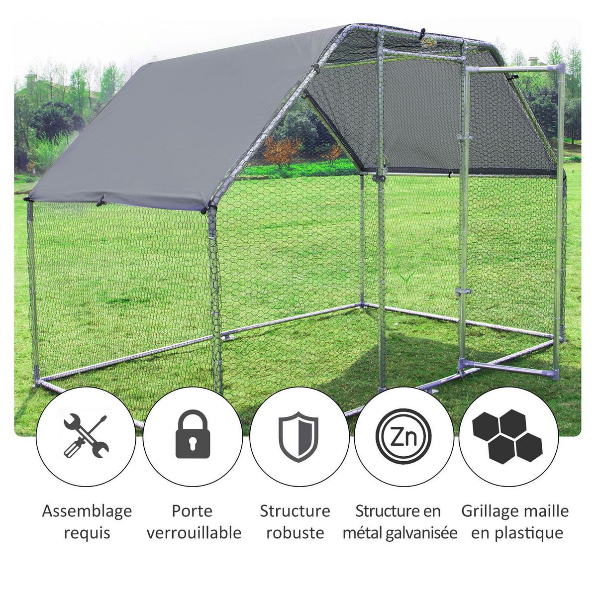 PAWHUT Enclos poulailler chenil 5,32 m² - parc grillagé dim. 2,8L x 1,9l x 1,95H m - poulailler chenil entièrement couvert - acier galvanisé