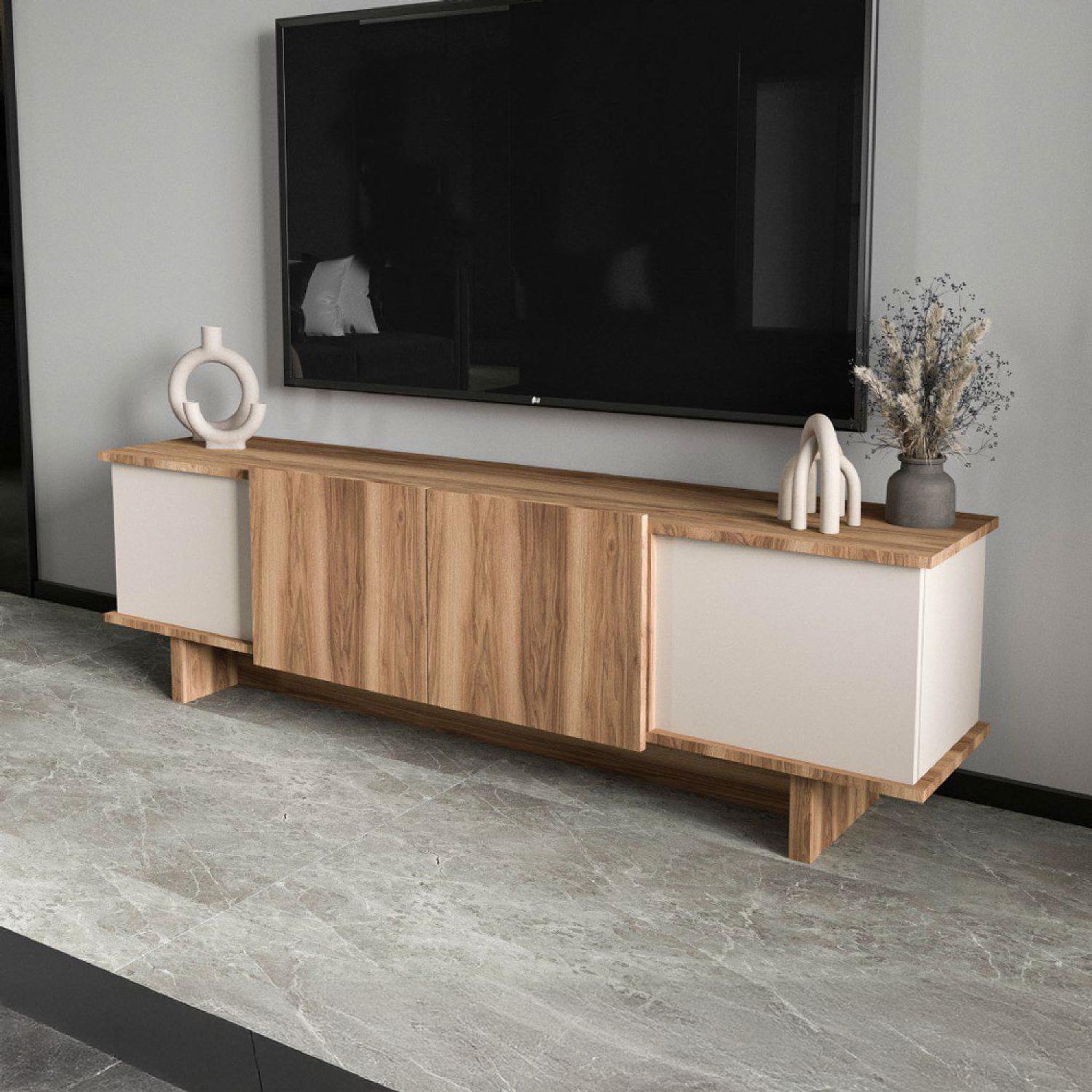 Voir la diapositive 5 : CONCEPT USINE Meuble tv design avec placards aspect bois et beige 180cm brona