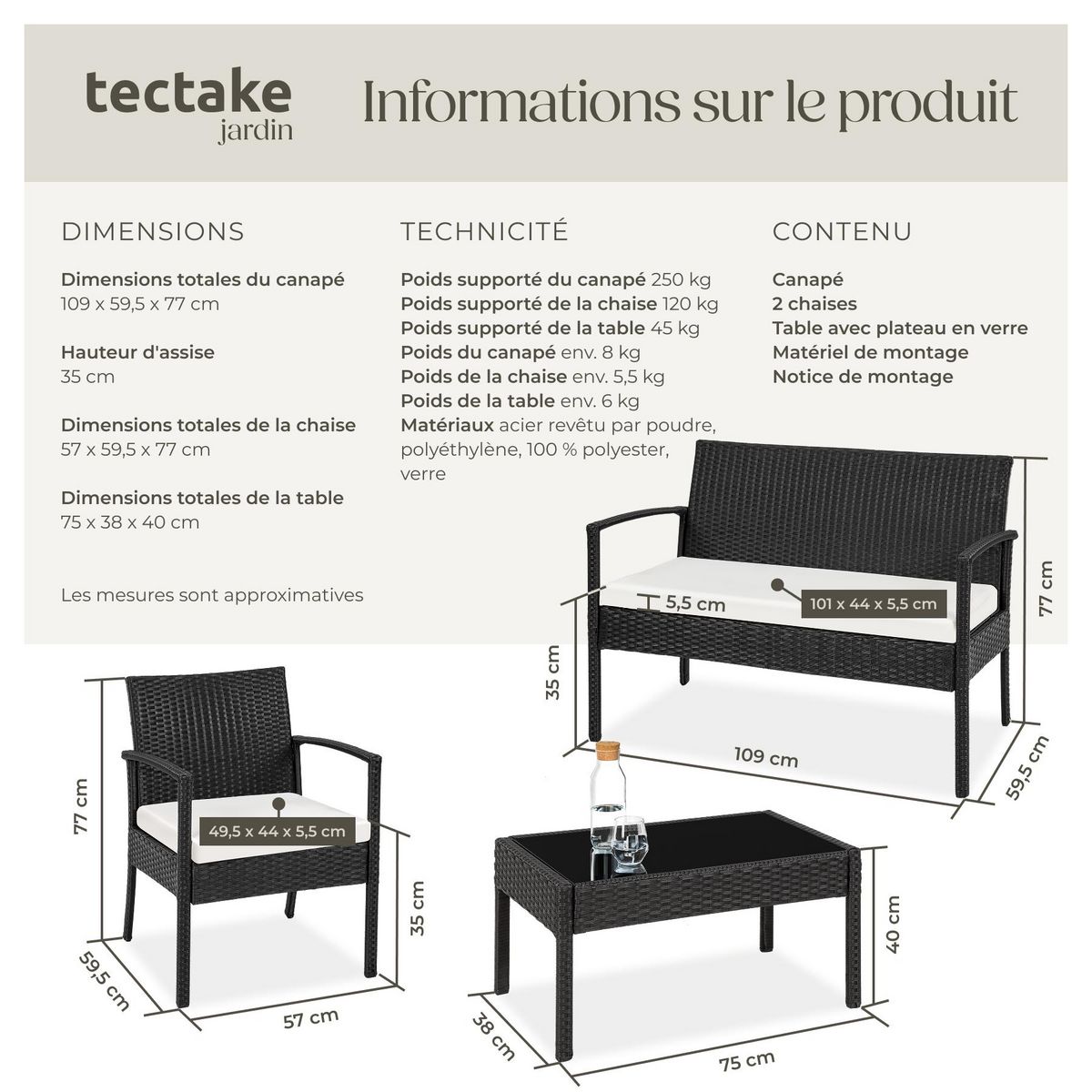 tectake Salon de jardin pour 4 personnes noir