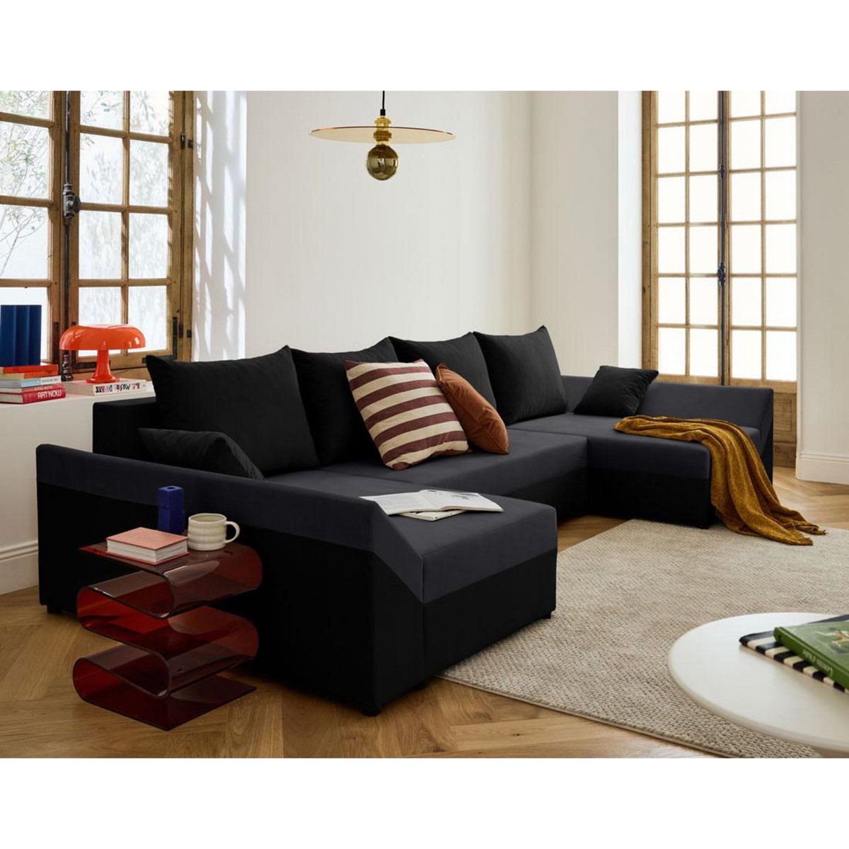 BEST MOBILIER Mike - canapé panoramique en u - 7 places - convertible - avec coffre - en velours