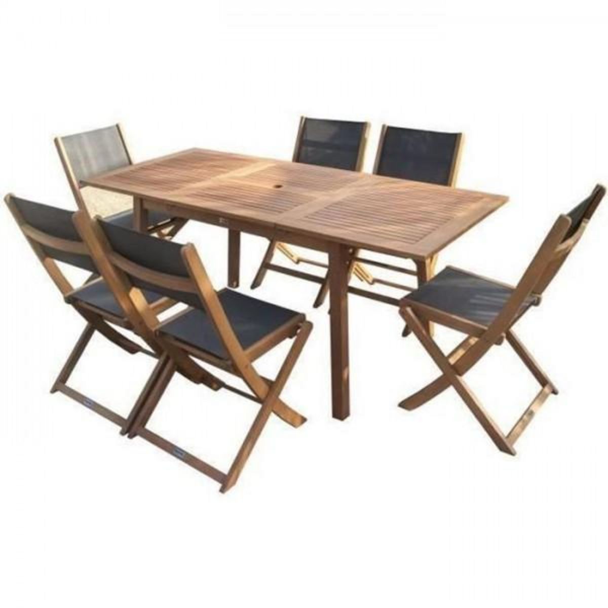 MARKET24 Ensemble repas de jardin 4 a 6 personnes - Table extensible 120/180 x 80 cm + 6 chaises assises textilene - Bois Eucalyptus FSC