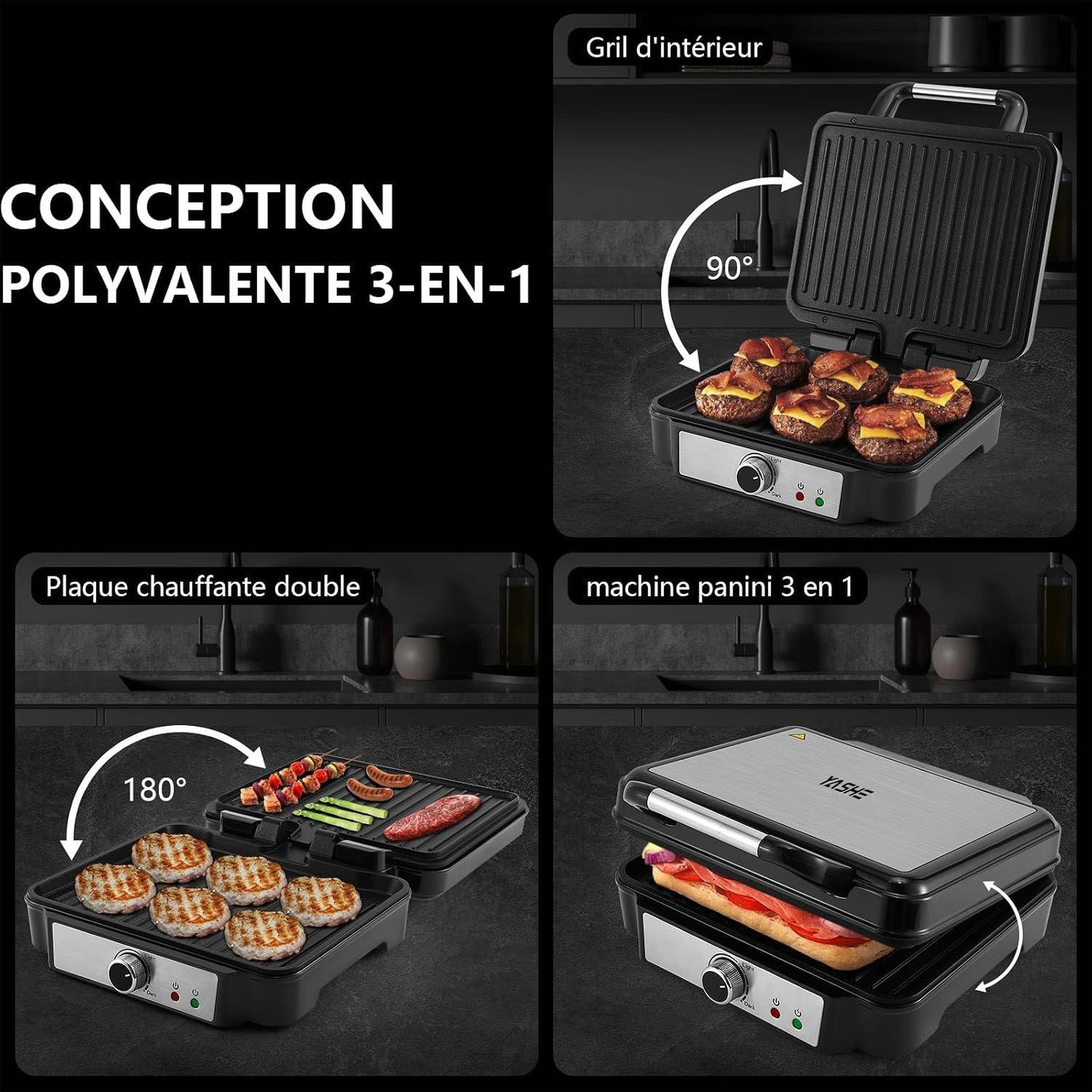 Voir la diapositive 3 : YASHE Gril de contact 1800 W, 4 tranches, ouverture 180°
