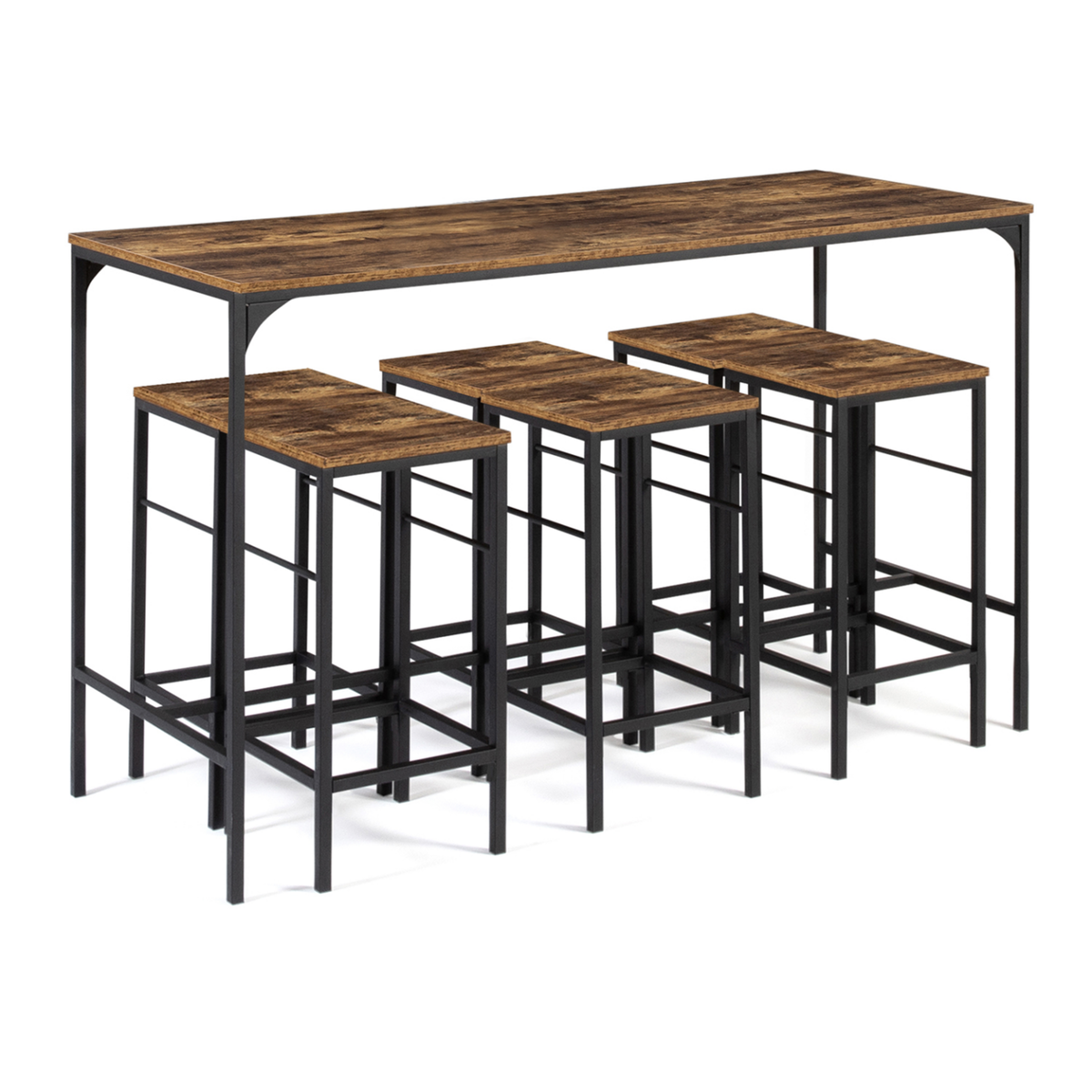 ID MARKET Ensemble table haute de bar DAYTON 150 cm et 6 tabourets effet vieilli design industriel