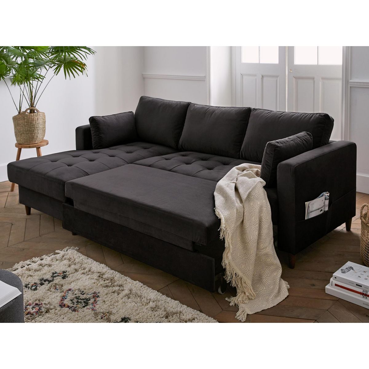 LISA DESIGN Anna - canapé d'angle gauche - 4 places - convertible avec coffre - en velours