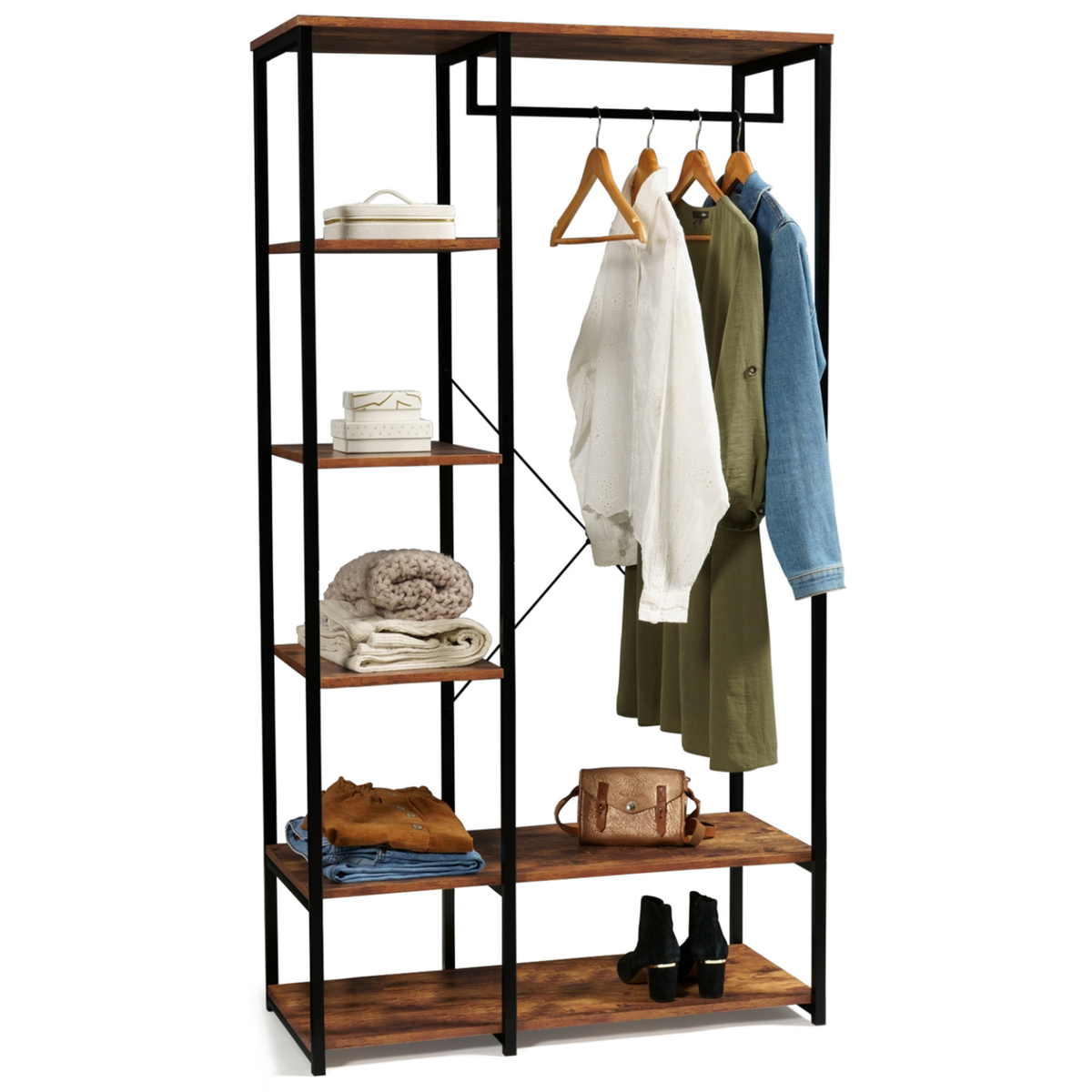 ID MARKET Dressing penderie étagères L. 90 cm HAWKINS bois foncé design industriel