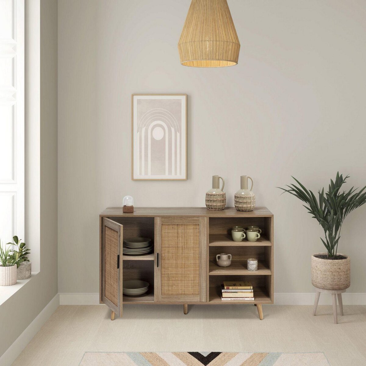 VS VENTA-STOCK Buffet Dalia 2 portes et 3 niches couleur chêne, 120 cm longueur