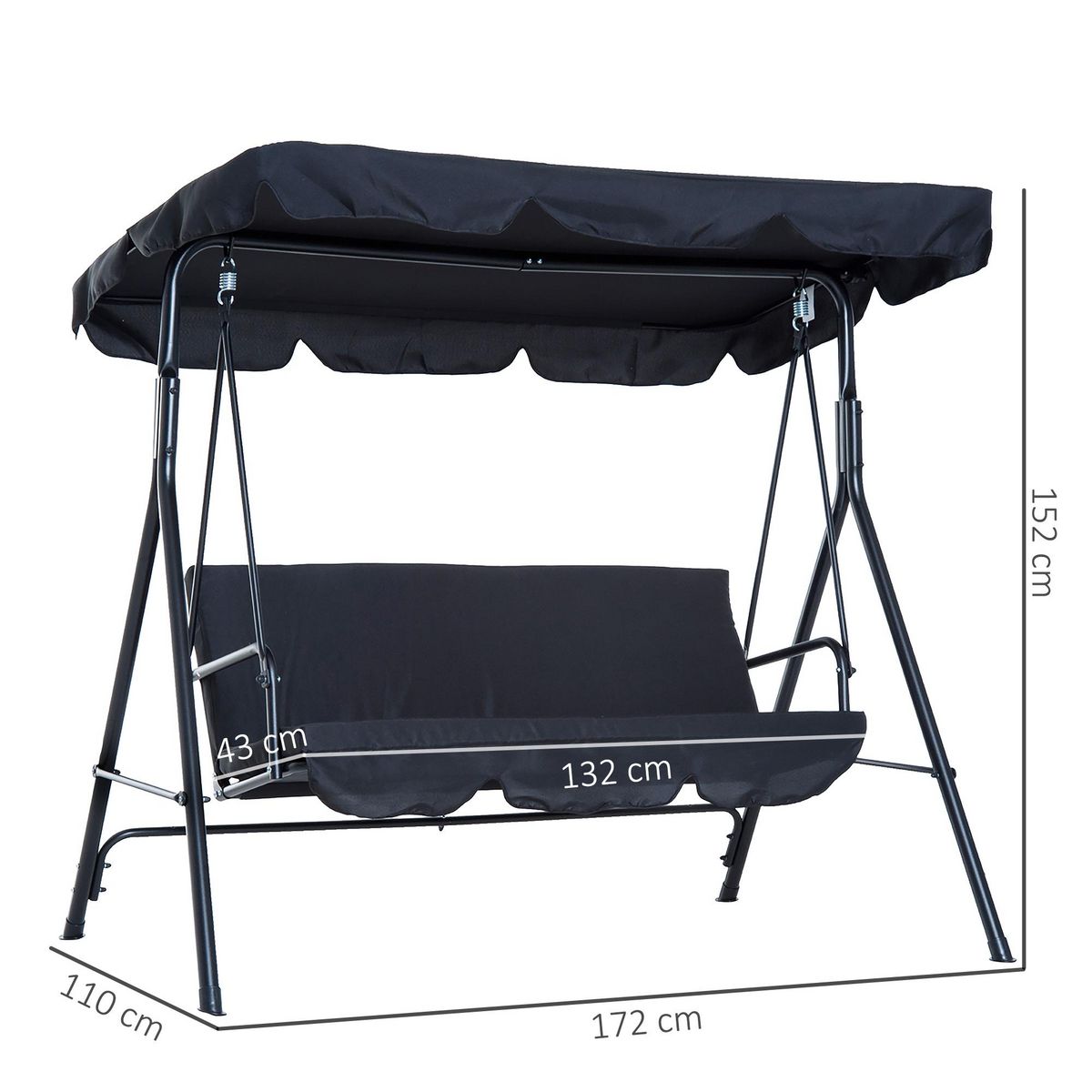 OUTSUNNY Balancelle de jardin 3 places toit inclinaison réglable coussins assise et dossier 1,72L x 1,1l x 1,52H m acier noir polyester noire