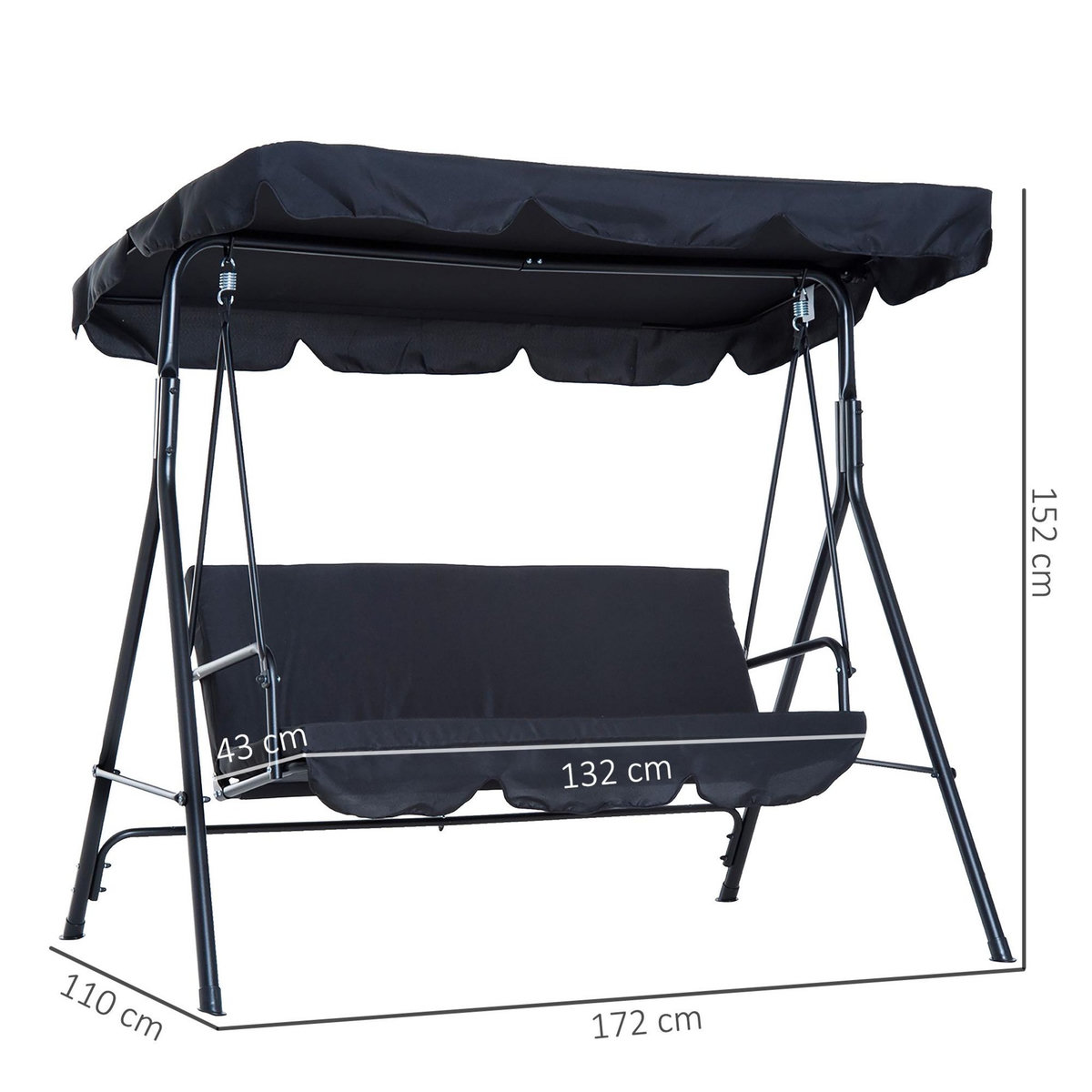 OUTSUNNY Balancelle de jardin 3 places toit inclinaison réglable coussins assise et dossier 1,72L x 1,1l x 1,52H m acier noir polyester noire