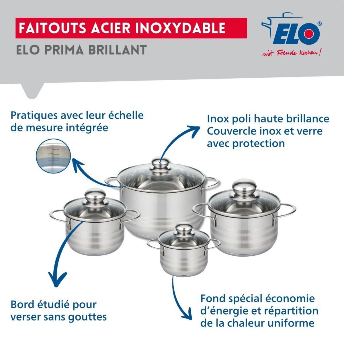 ELO Ensemble de 3 Poêles de cuisson 20, 24 et 32 cm et 4 faitouts 12, 14, 16 et 20 cm Elo Prima Brillant