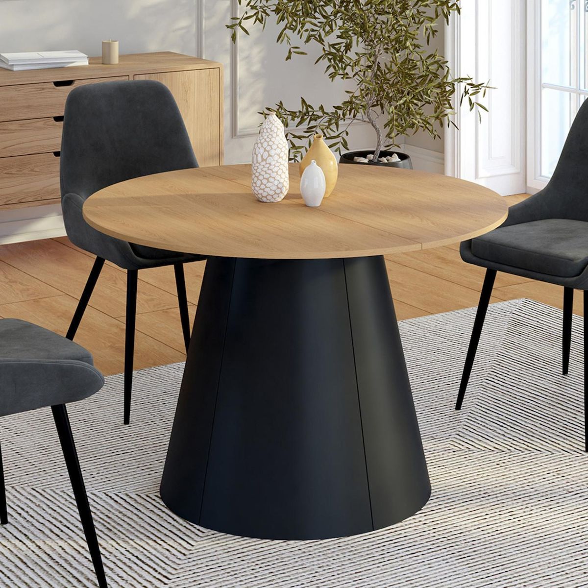 ID MARKET Table à manger ronde extensible ANGELE 4-8 personnes bois effet hêtre et pied noir 110-150 cm