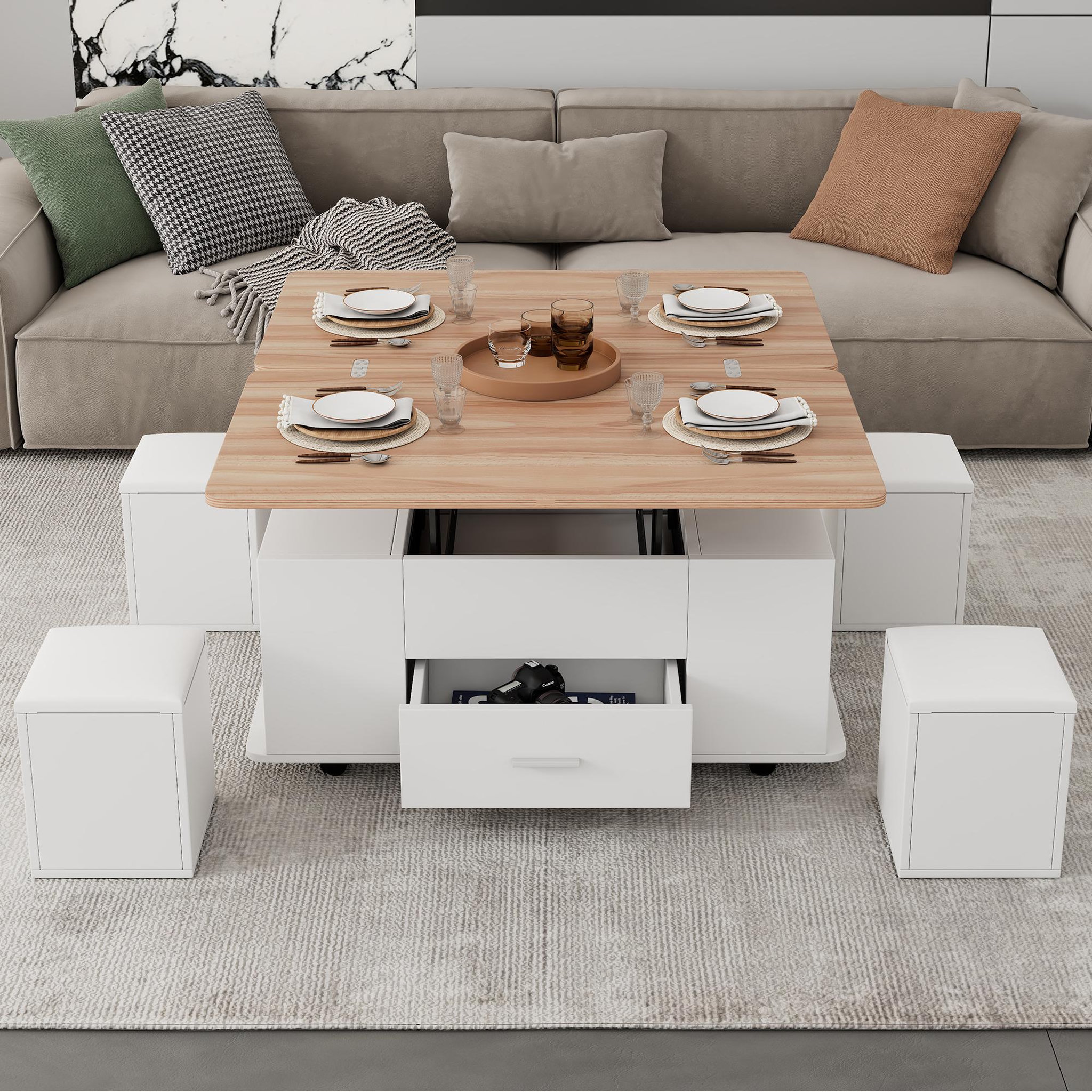 Voir la diapositive 2 : MERAX Table basse relevable rectangulaire blanc - 50x100 cm panneau de particules