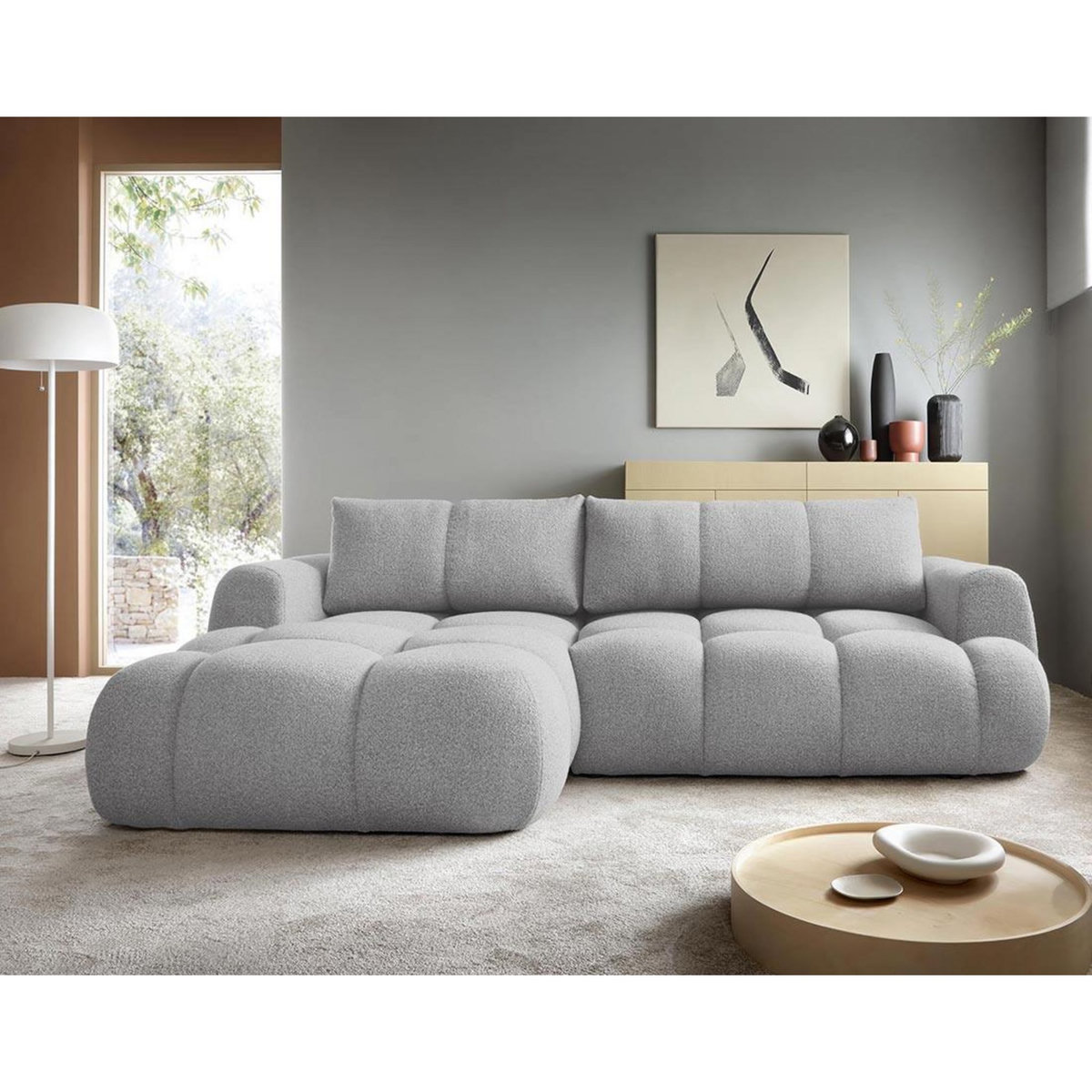 BEST MOBILIER Yulin - canapé d'angle gauche 4 places convertible avec coffre en tissu bouclette