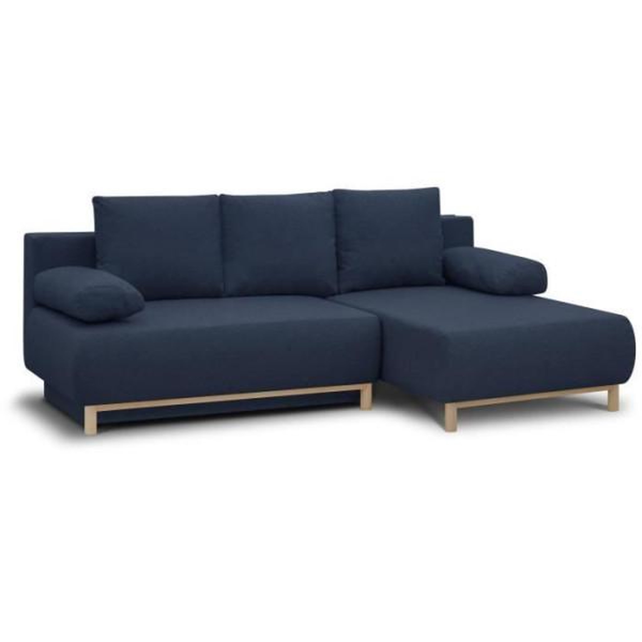 Voir la diapositive 3 : MARKET24 Canapé d'angle droit convertible MIKA 3 places - Tissu bleu foncé - Coffre de rangement - L218 x P98/145 x H84 cm
