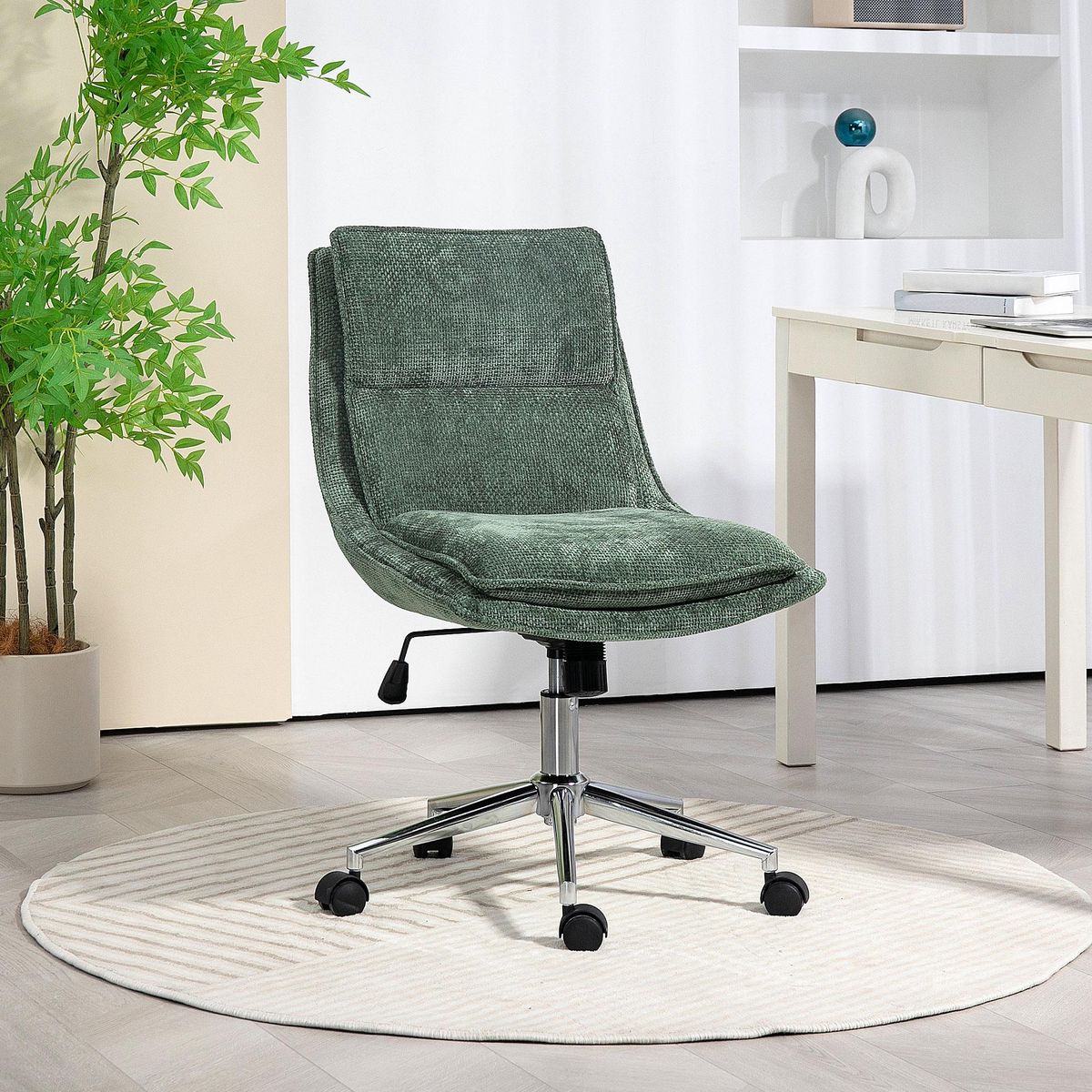 HOMCOM Chaise de bureau réglable pivotante piètement chromé tissu aspect lin vert