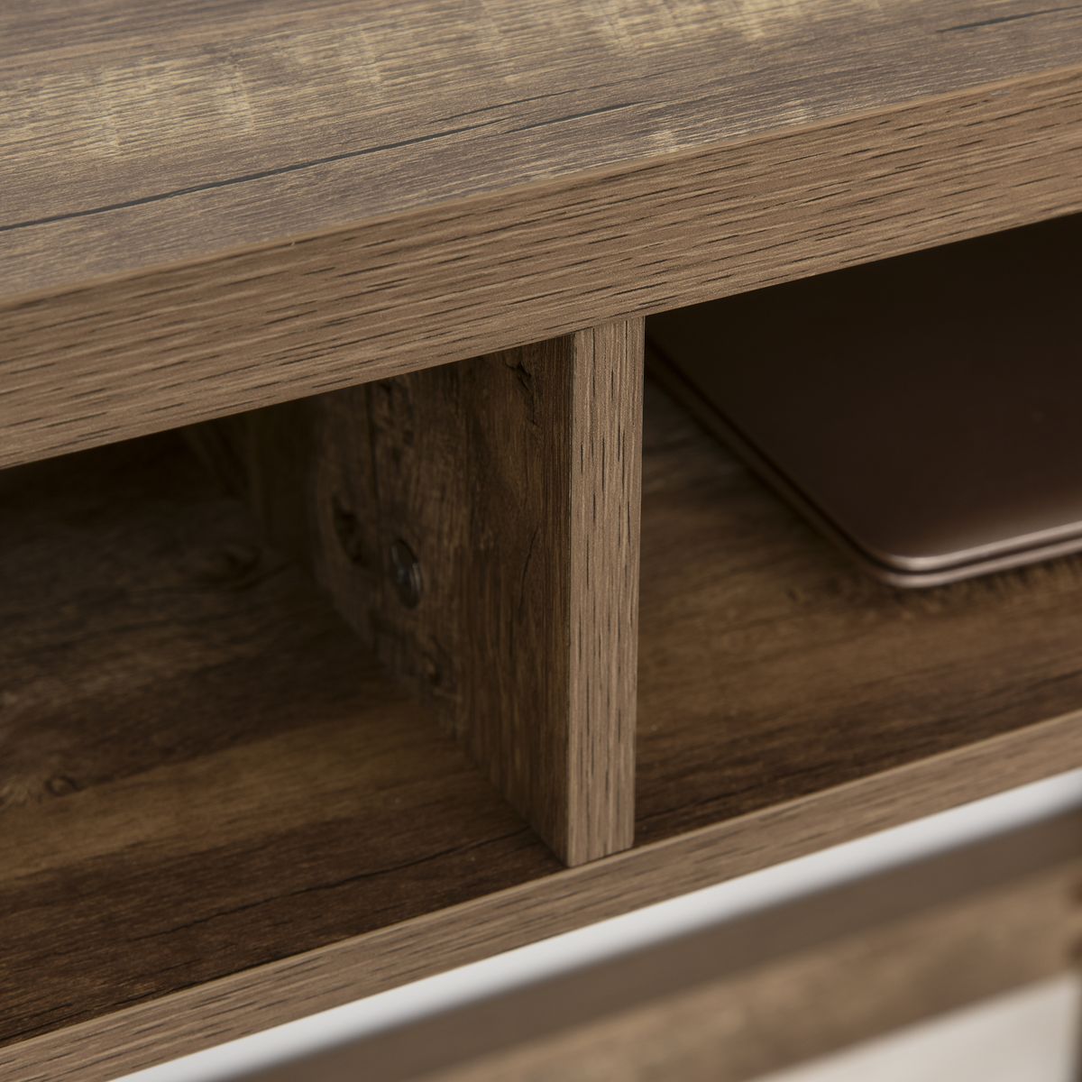 HOMCOM Bureau design industriel grand plateau 2 niches métal noir panneaux particules imitation bois veinage marron