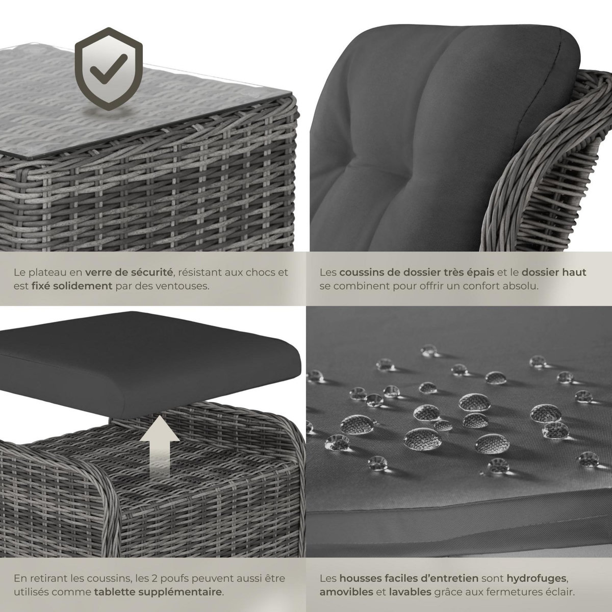 tectake Salon de jardin pour 2 à 4 personnes gris tacheté/gris