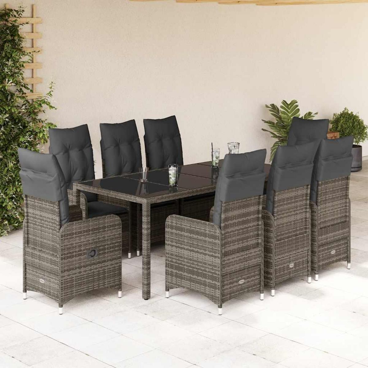 VIDAXL Ensemble de bistro de jardin 9 pcs coussins gris poly rotin
