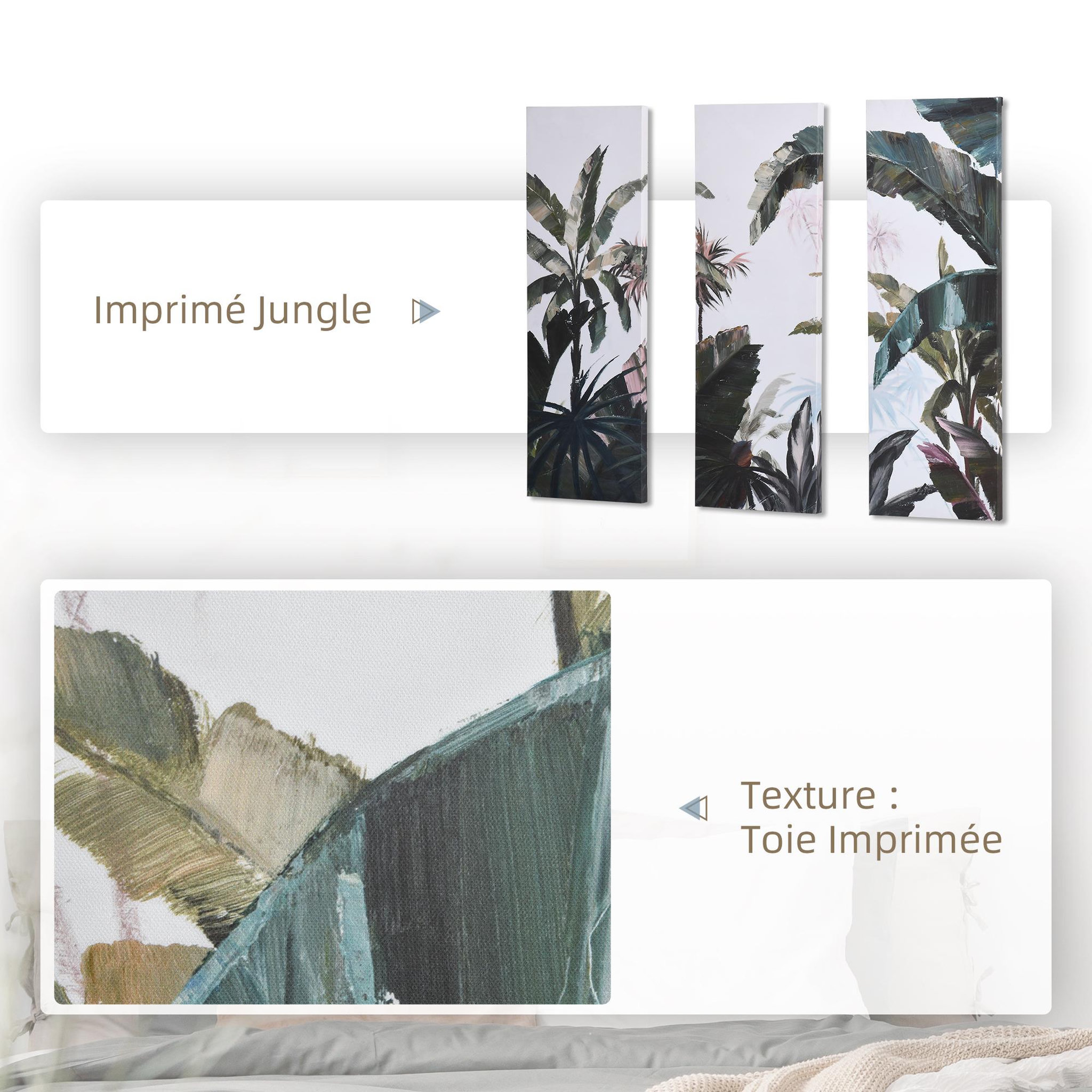 Voir la diapositive 4 : HOMCOM Triptyque imprimé et peint paysage tropical - dim. 90L x 30l cm (x3) - décoration murale - toile 100% polyester structure bois de pin encre vert blanc