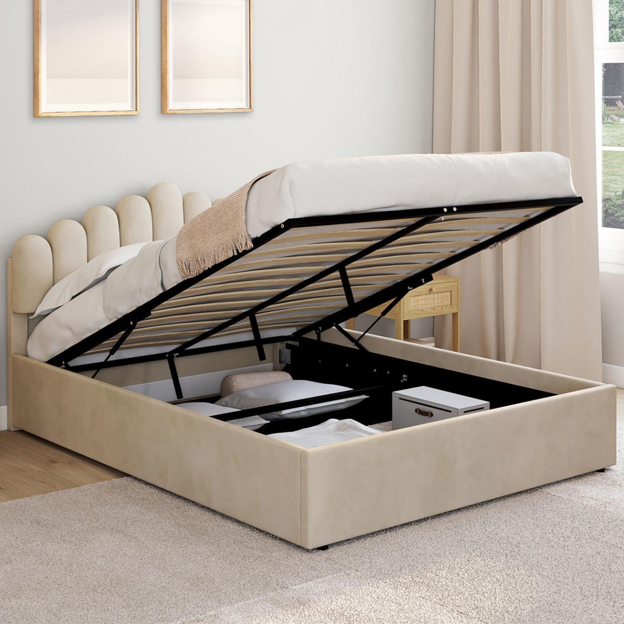 Voir la diapositive 2 : ID MARKET Lit coffre double noelie avec tête de lit et sommier 140 x 190 cm velours beige