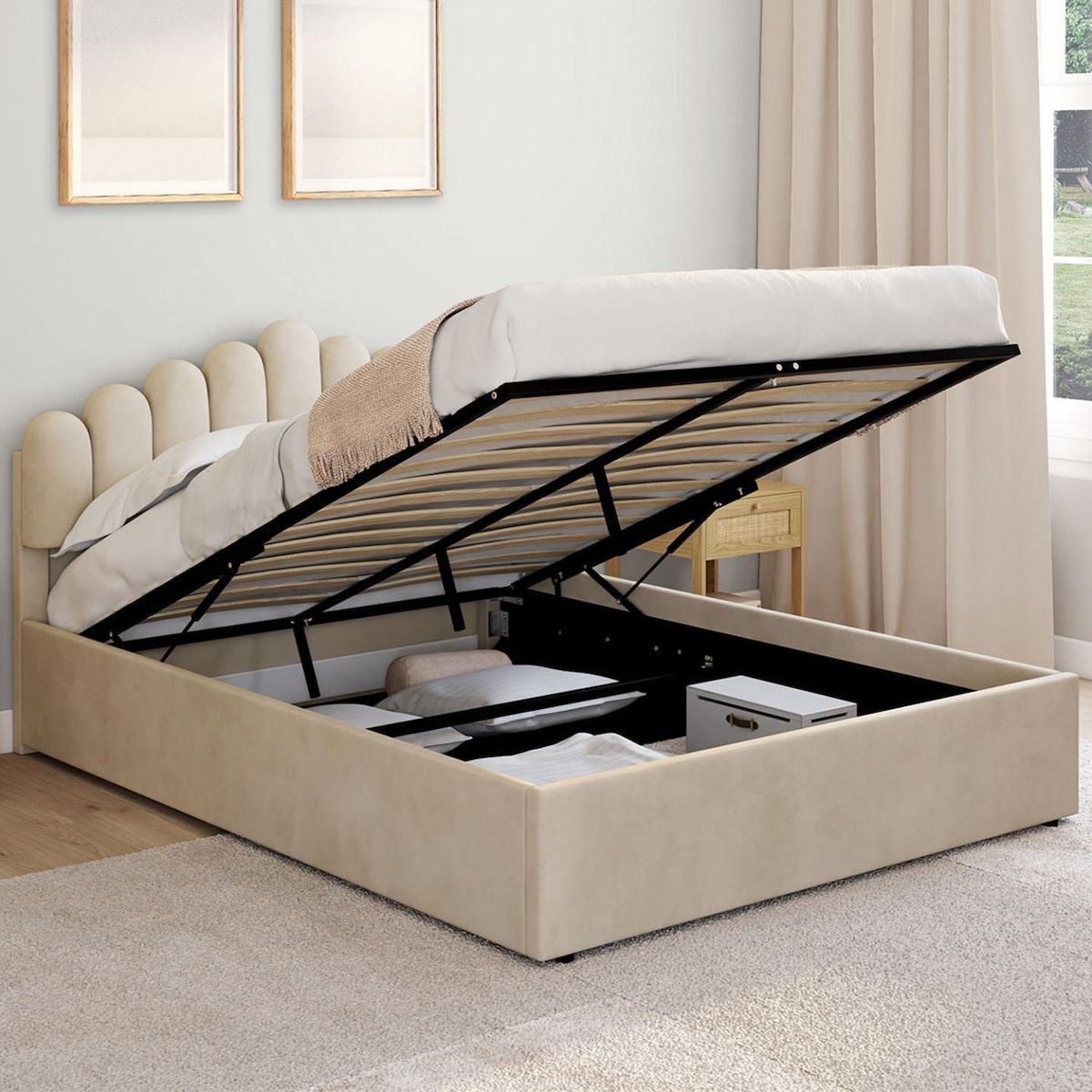 ID MARKET Lit coffre double NOELIE avec tête de lit et sommier 140 x 190 cm velours beige