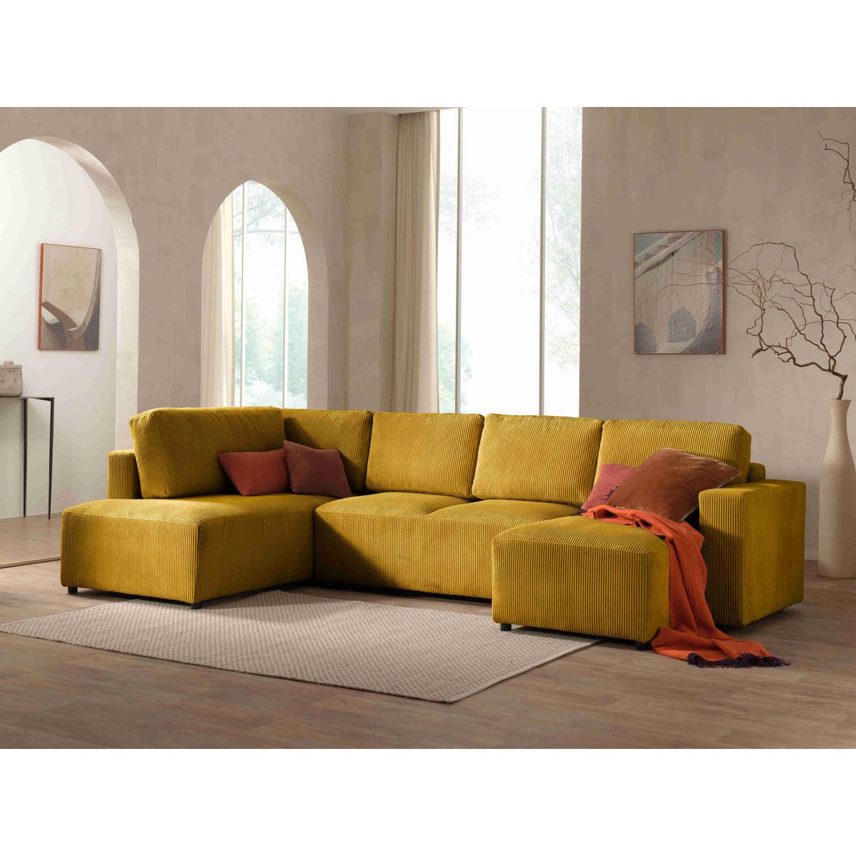 LISA DESIGN Livy - canapé panoramique convertible - avec coffre - en velours côtelé - 7 places - gauche