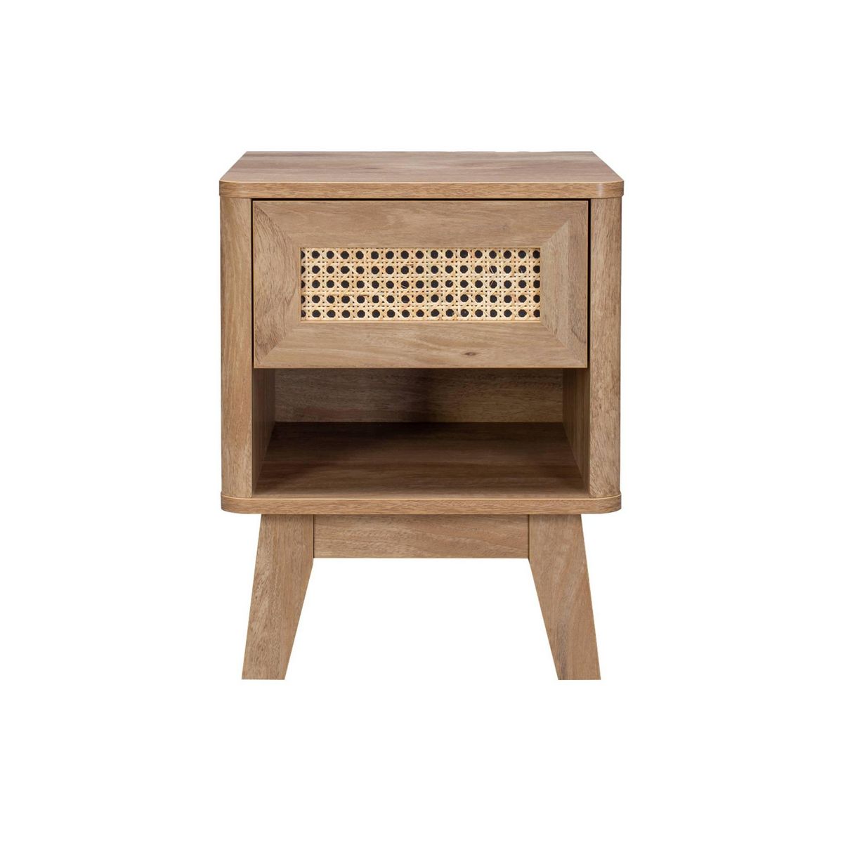 SWEEEK Lot de 2 tables de chevet avec 1 tiroir et 1 niche effet bois et cannage. pieds eucalyptus