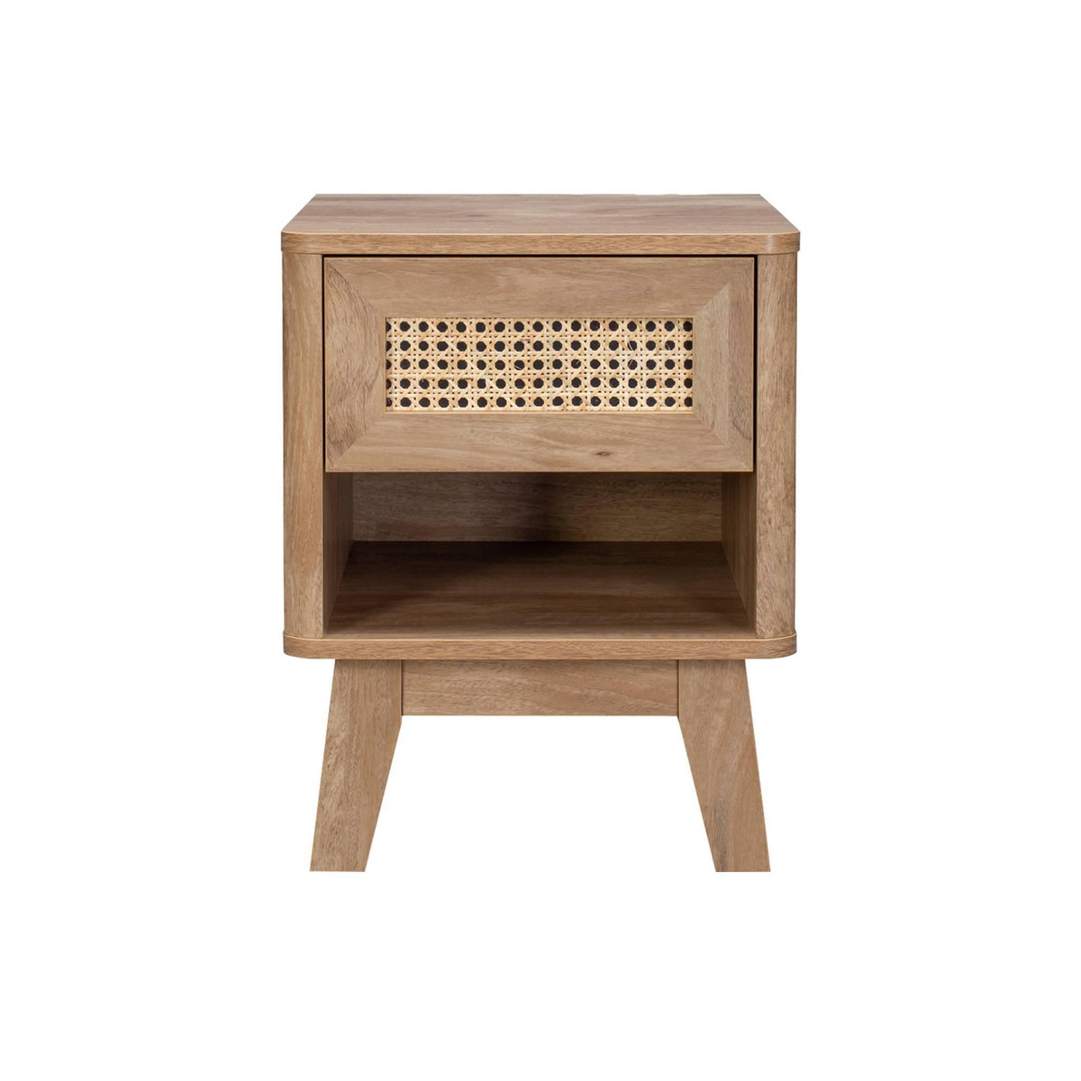 SWEEEK Lot de 2 tables de chevet avec 1 tiroir et 1 niche effet bois et cannage. pieds eucalyptus